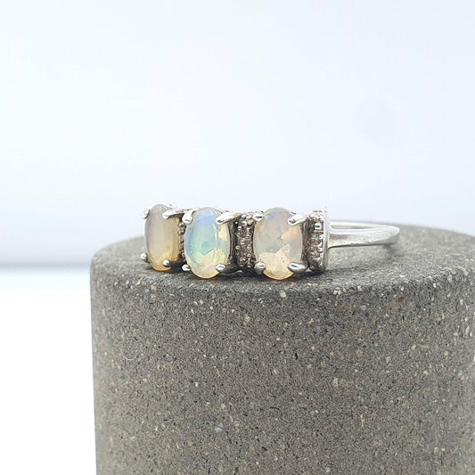 Vintage Sterling Silver Opal Ring Trilogy White Opals Triple Fire Womens Genuine Jewellery Jewelry UK U US 10