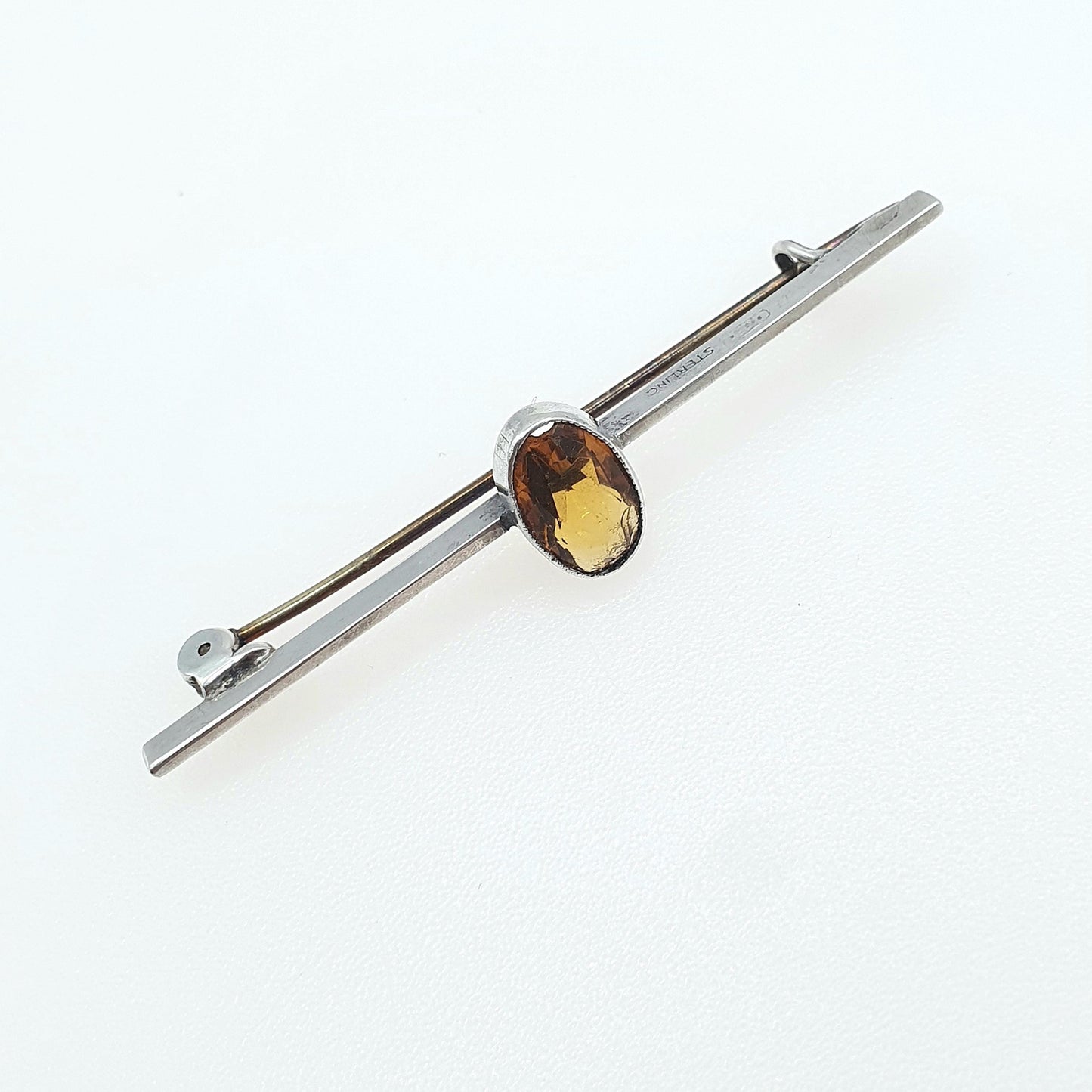 Antique CHARLES HORNER Sterling Silver Natural Citrine Brooch Bar Pin Quartz Oval Cut Vintage Jewellery Gemstone