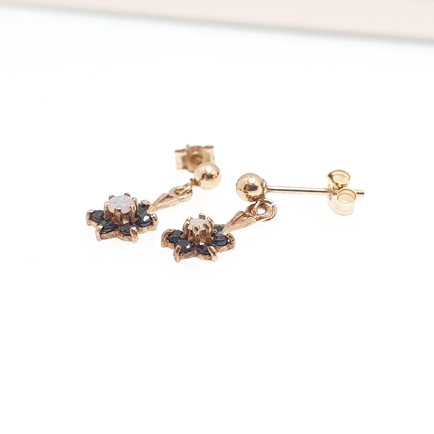 Vintage 9ct Gold Sapphire Opal Earrings Cluster Stud Drop Hanging Sparkly Solid 9k 375 Small Jewelry Jewellery
