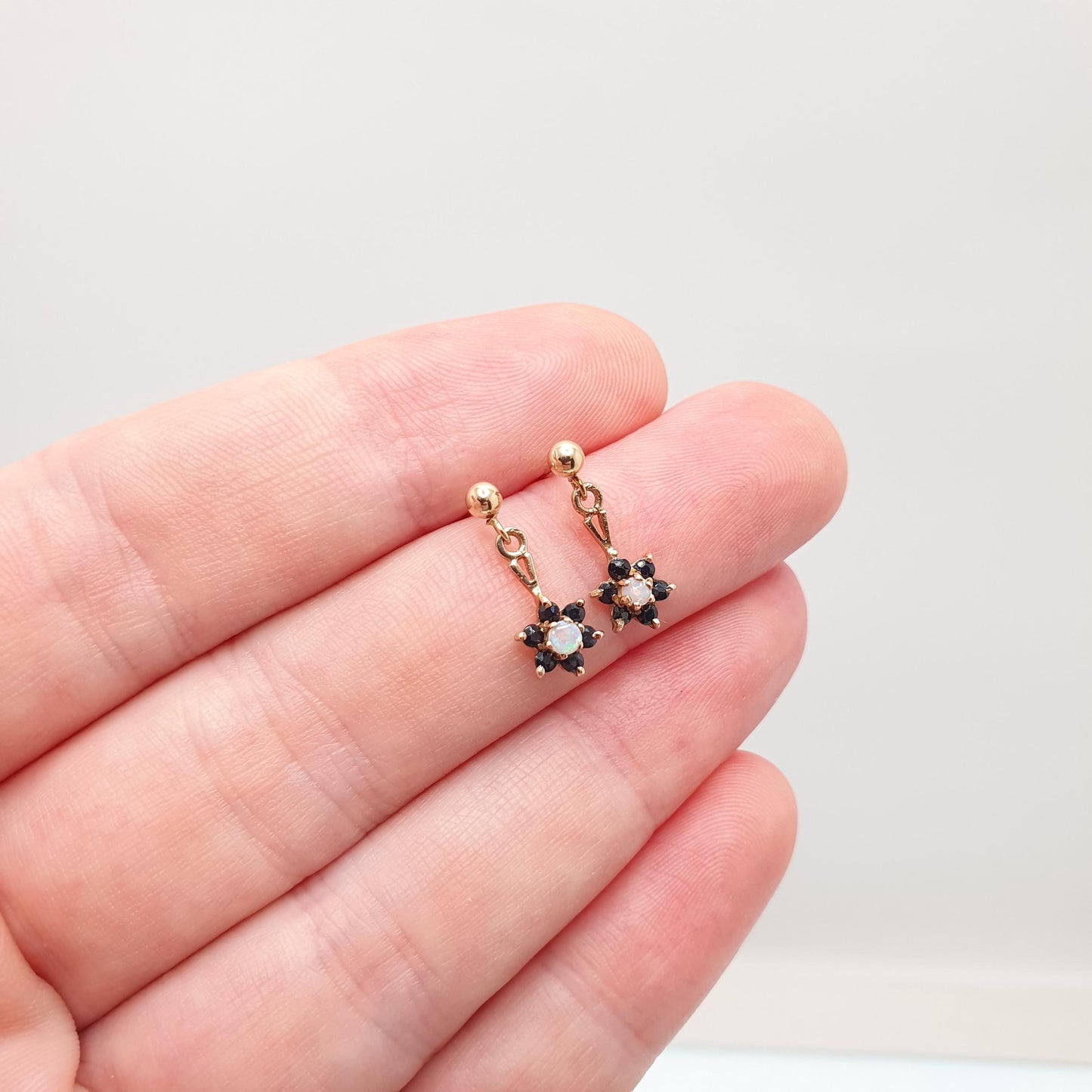 Vintage 9ct Gold Sapphire Opal Earrings Cluster Stud Drop Hanging Sparkly Solid 9k 375 Small Jewelry Jewellery