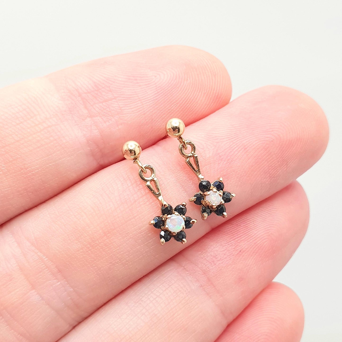 Vintage 9ct Gold Sapphire Opal Earrings Cluster Stud Drop Hanging Sparkly Solid 9k 375 Small Jewelry Jewellery