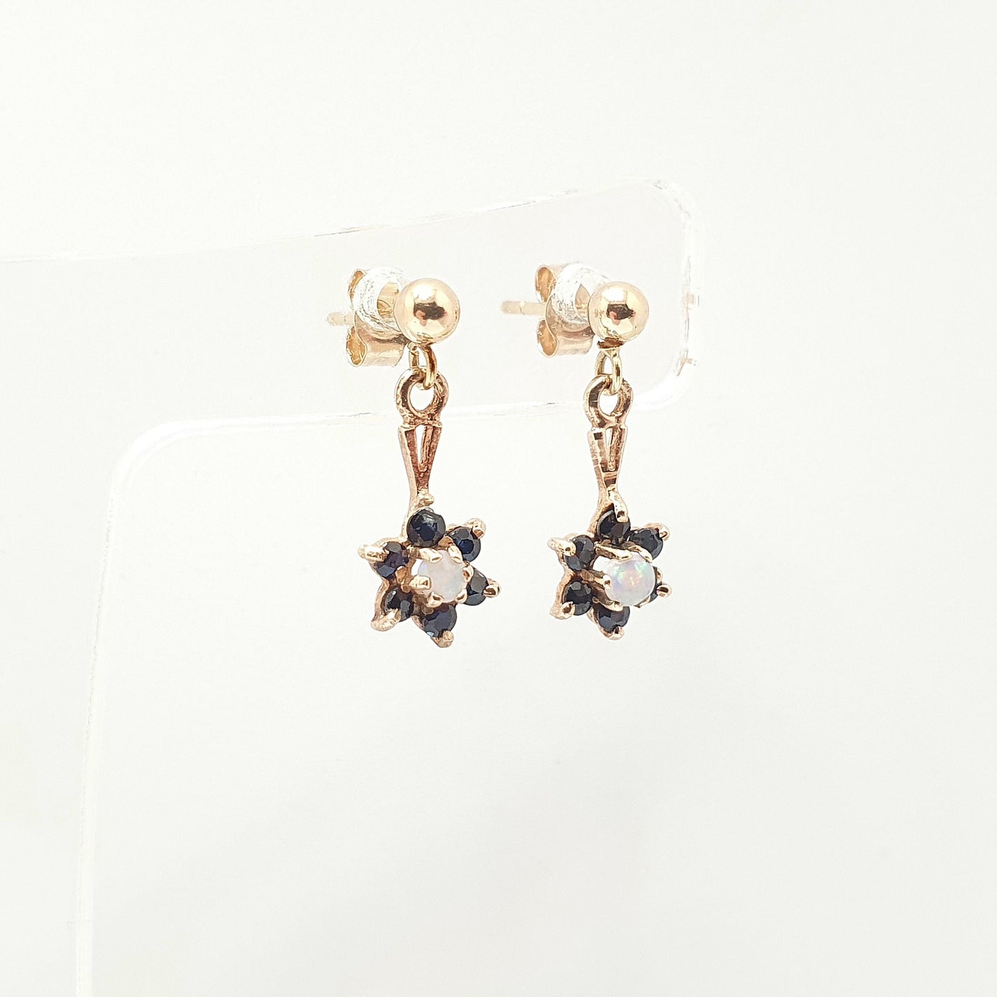 Vintage 9ct Gold Sapphire Opal Earrings Cluster Stud Drop Hanging Sparkly Solid 9k 375 Small Jewelry Jewellery