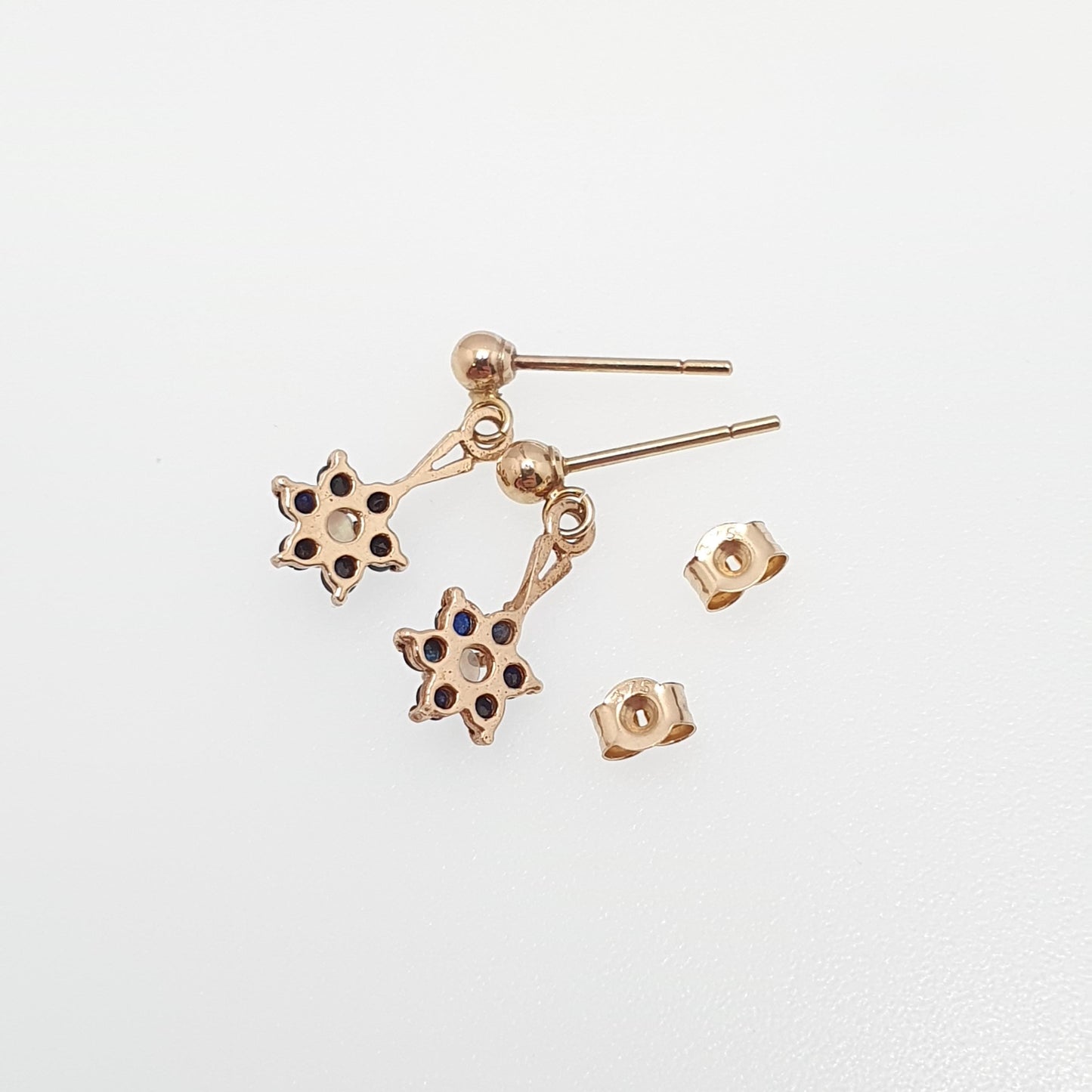 Vintage 9ct Gold Sapphire Opal Earrings Cluster Stud Drop Hanging Sparkly Solid 9k 375 Small Jewelry Jewellery
