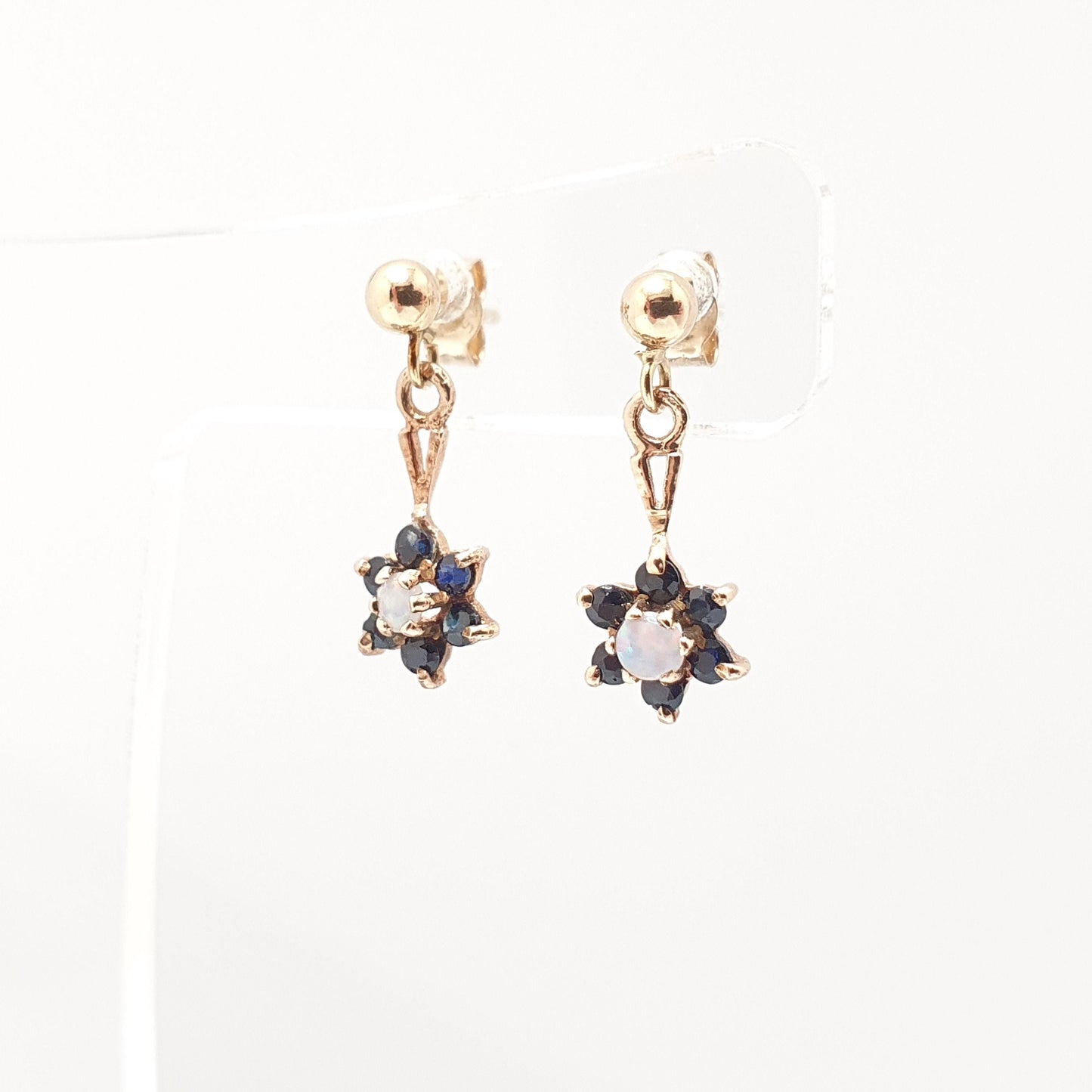 Vintage 9ct Gold Sapphire Opal Earrings Cluster Stud Drop Hanging Sparkly Solid 9k 375 Small Jewelry Jewellery