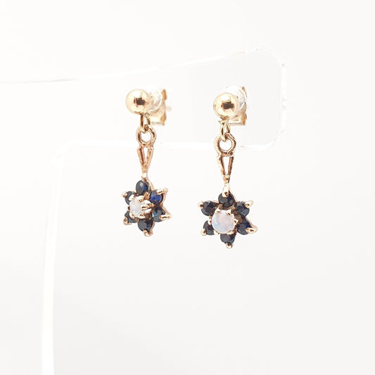 Vintage 9ct Gold Sapphire Opal Earrings Cluster Stud Drop Hanging Sparkly Solid 9k 375 Small Jewelry Jewellery