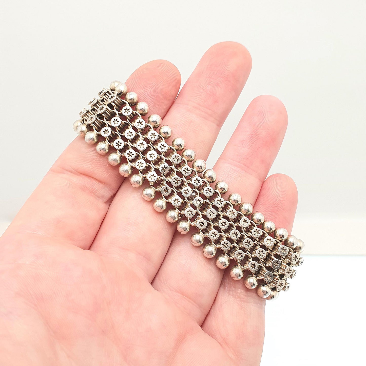 Antique Victorian Solid Silver Book Chain Bracelet Bookchain Star and Bead Belcher Link 18cm 36.19g 1800s Vintage Mens Womens