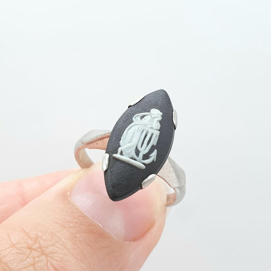 Vintage Sterling Silver Black Wedgwood Ring Jasperware Signet Women Solid 925 Retro Jewellery Jewelry UK L US 5.75