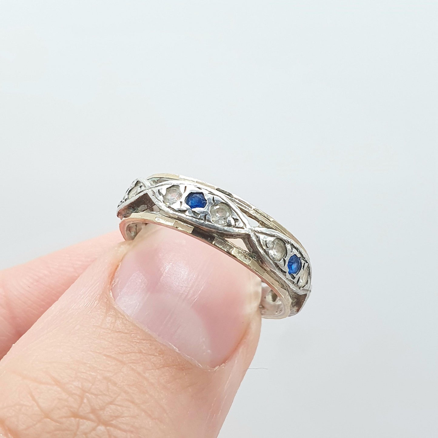 Antique 9ct Gold & Solid Silver Eternity Ring Blue and White Spinel Vintage Womens Art Deco 1920s Jewelry Jewellery UK L.5 US 6