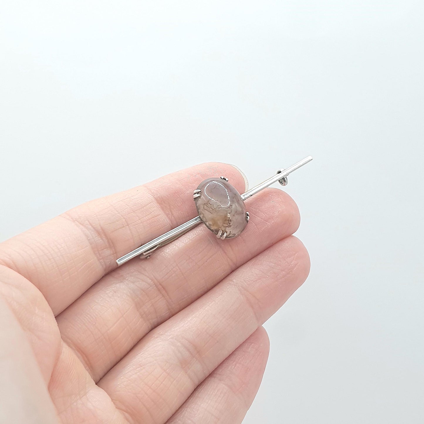 Antique Solid Silver Moss Agate Brooch Pin Veined Quartz Gemstone Oval Cabochon Ladies Vintage Womens Jewelry Jewellery