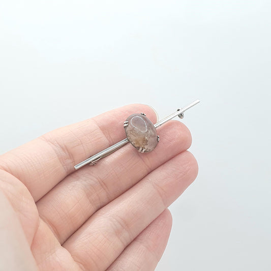 Antique Solid Silver Moss Agate Brooch Pin Veined Quartz Gemstone Oval Cabochon Ladies Vintage Womens Jewelry Jewellery