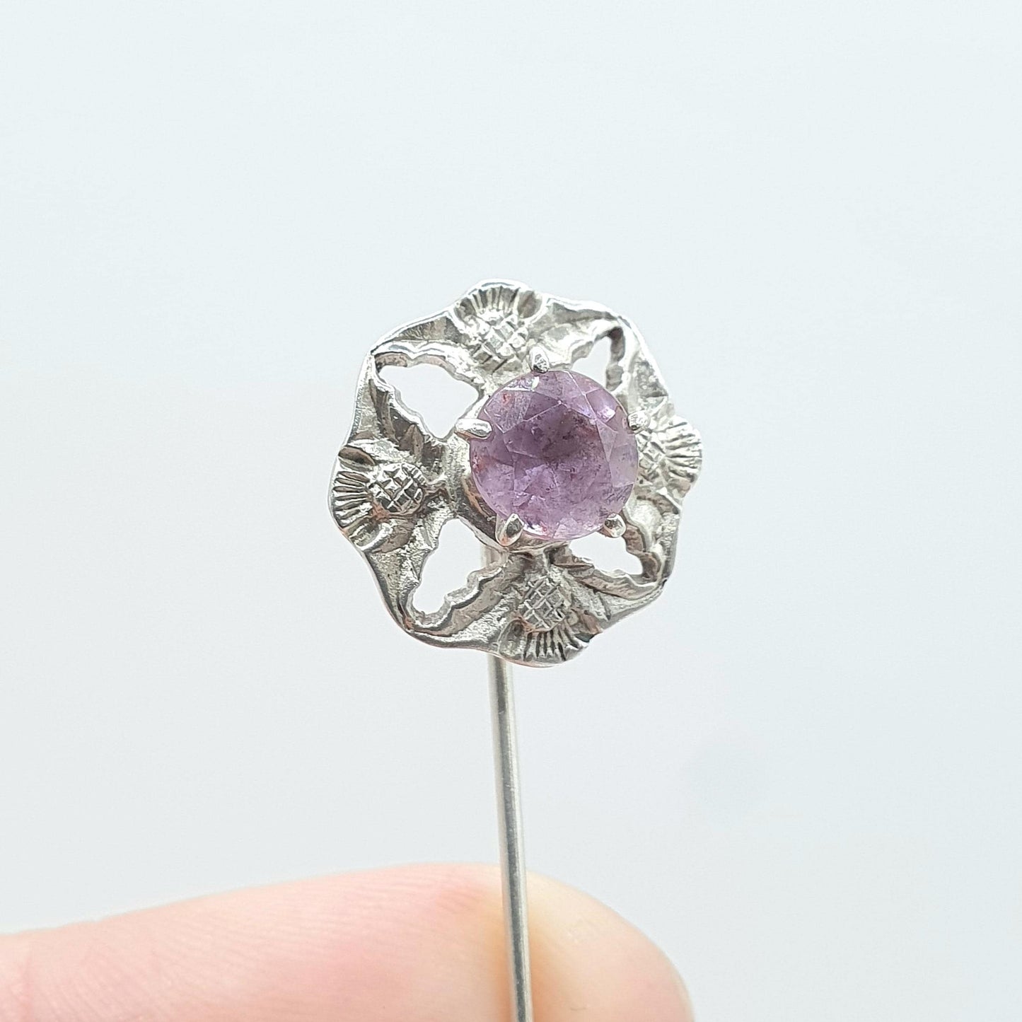 Vintage Sterling Silver JOHN HART Amethyst Thistle Stick Pin Iona Scottish Flower Gemstone Lapel Jacket Jewelry Jewellery