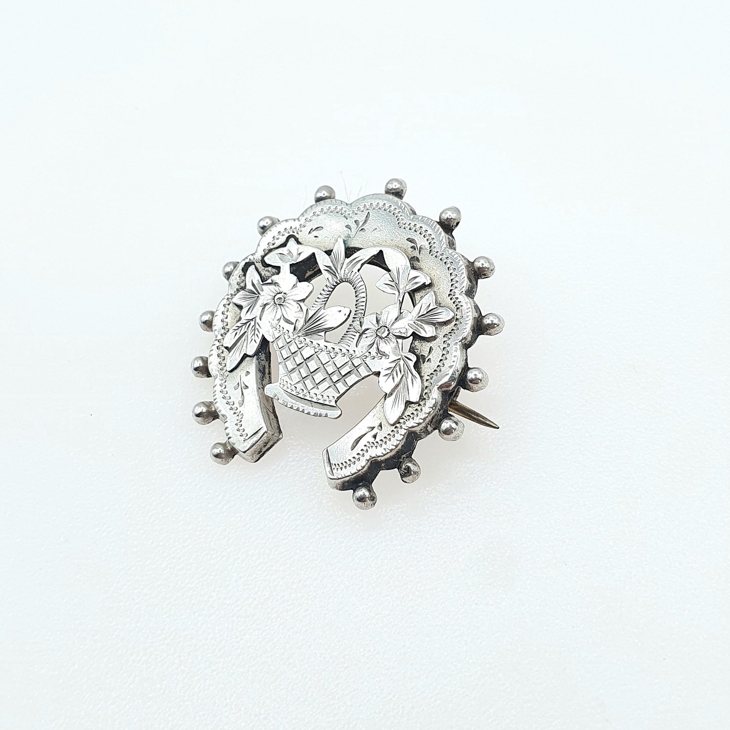 Antique Sterling Silver Horseshoe & Flower Basket Brooch Giardinetti 1897 Hallmark Good Luck Womens Jewelry Jewellery Vintage