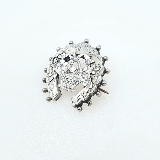 Antique Sterling Silver Horseshoe & Flower Basket Brooch Giardinetti 1897 Hallmark Good Luck Womens Jewelry Jewellery Vintage