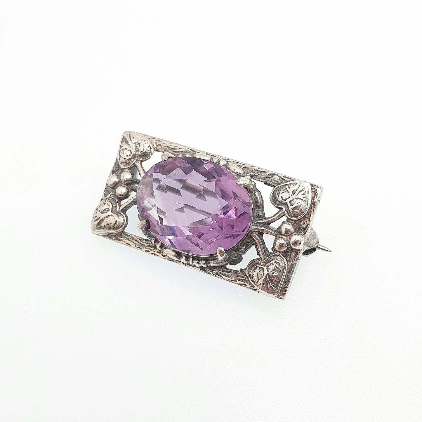 Antique Sterling Silver Amethyst Brooch Bernard Instone Pin Art Nouveau Oval Cut Small Style Genuine Gemstone Vintage