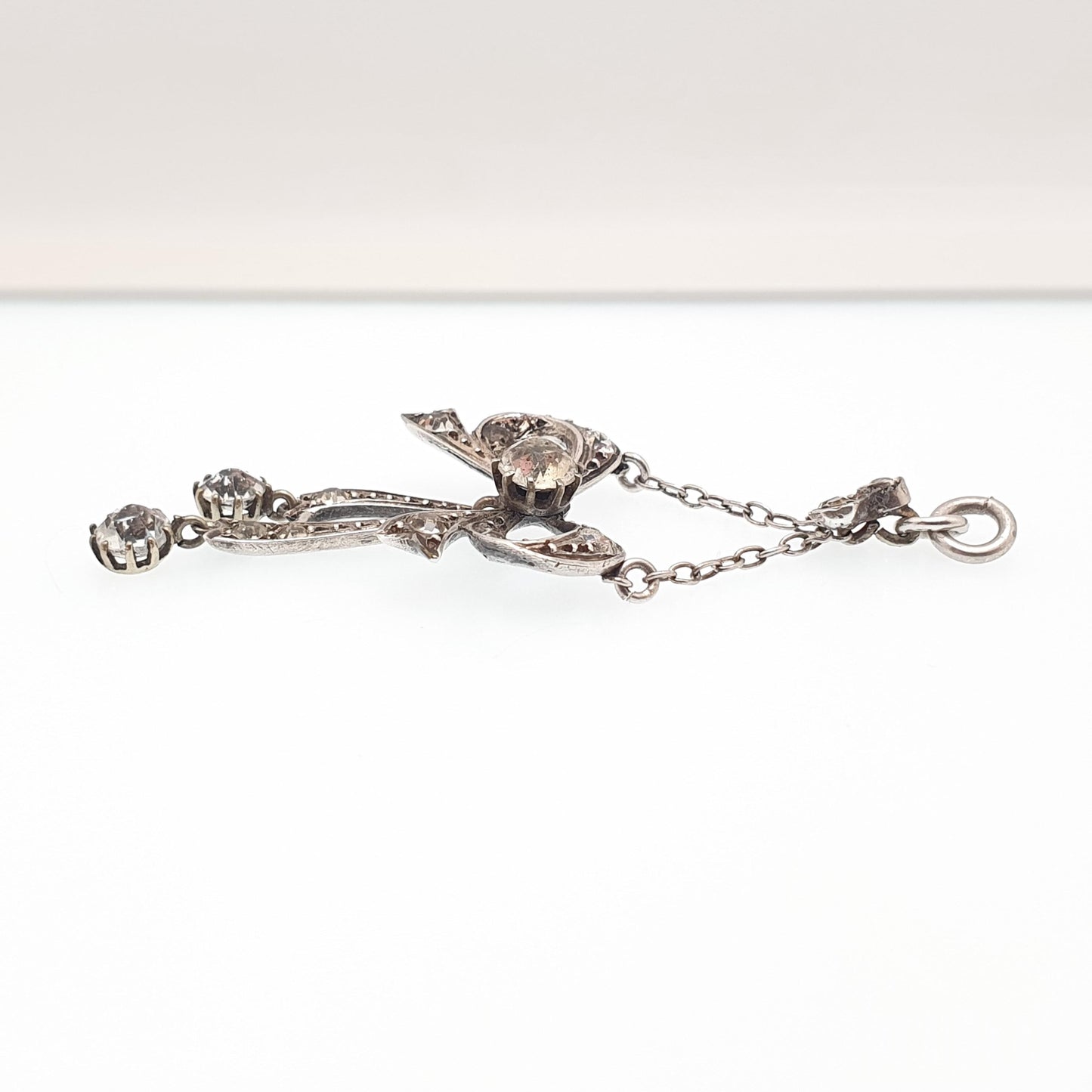 Antique Victorian Solid Silver Diamond Paste Bow Pendant Necklace Hanging 1800s Rare Fine Vintage Womens Jewellery Jewelry