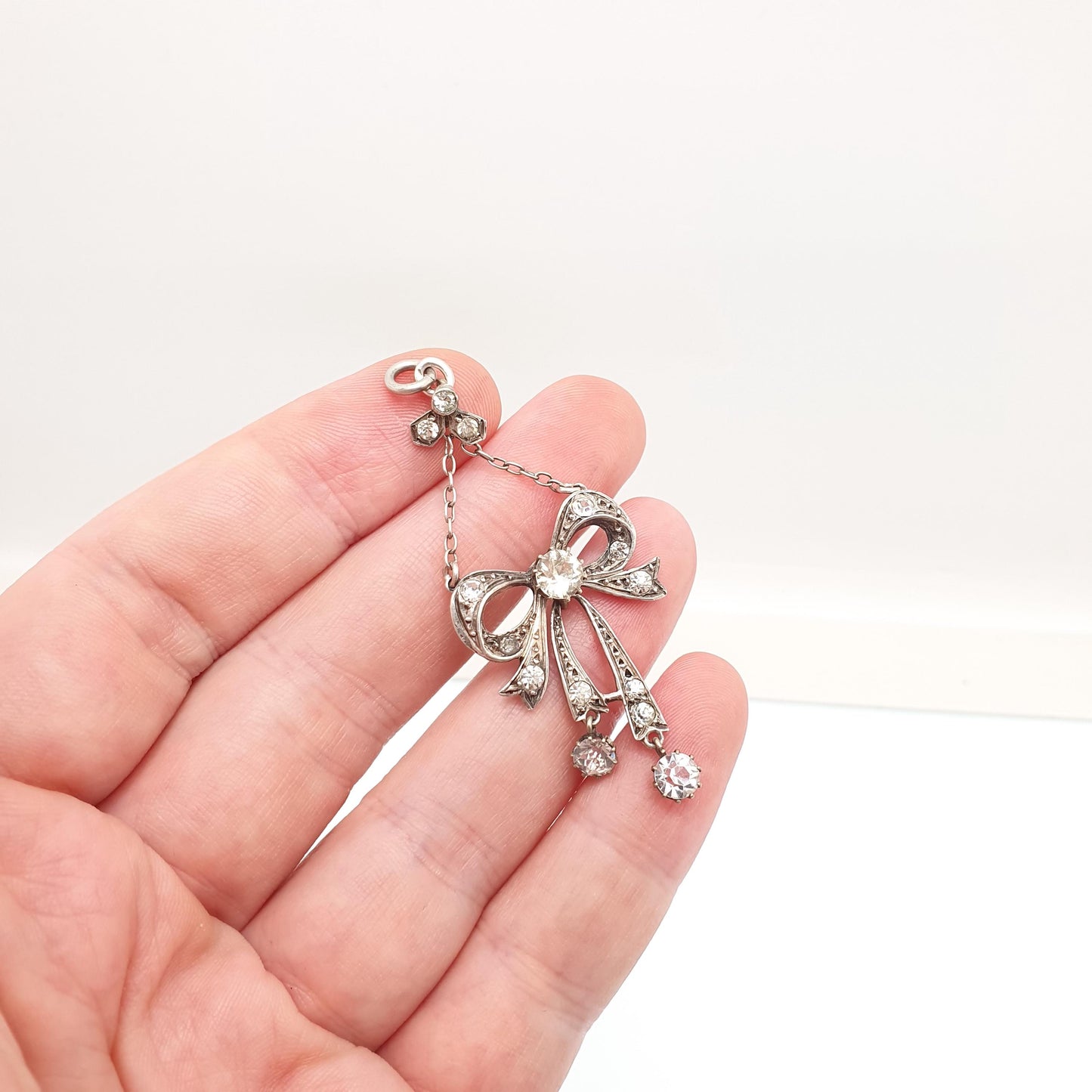 Antique Victorian Solid Silver Diamond Paste Bow Pendant Necklace Hanging 1800s Rare Fine Vintage Womens Jewellery Jewelry
