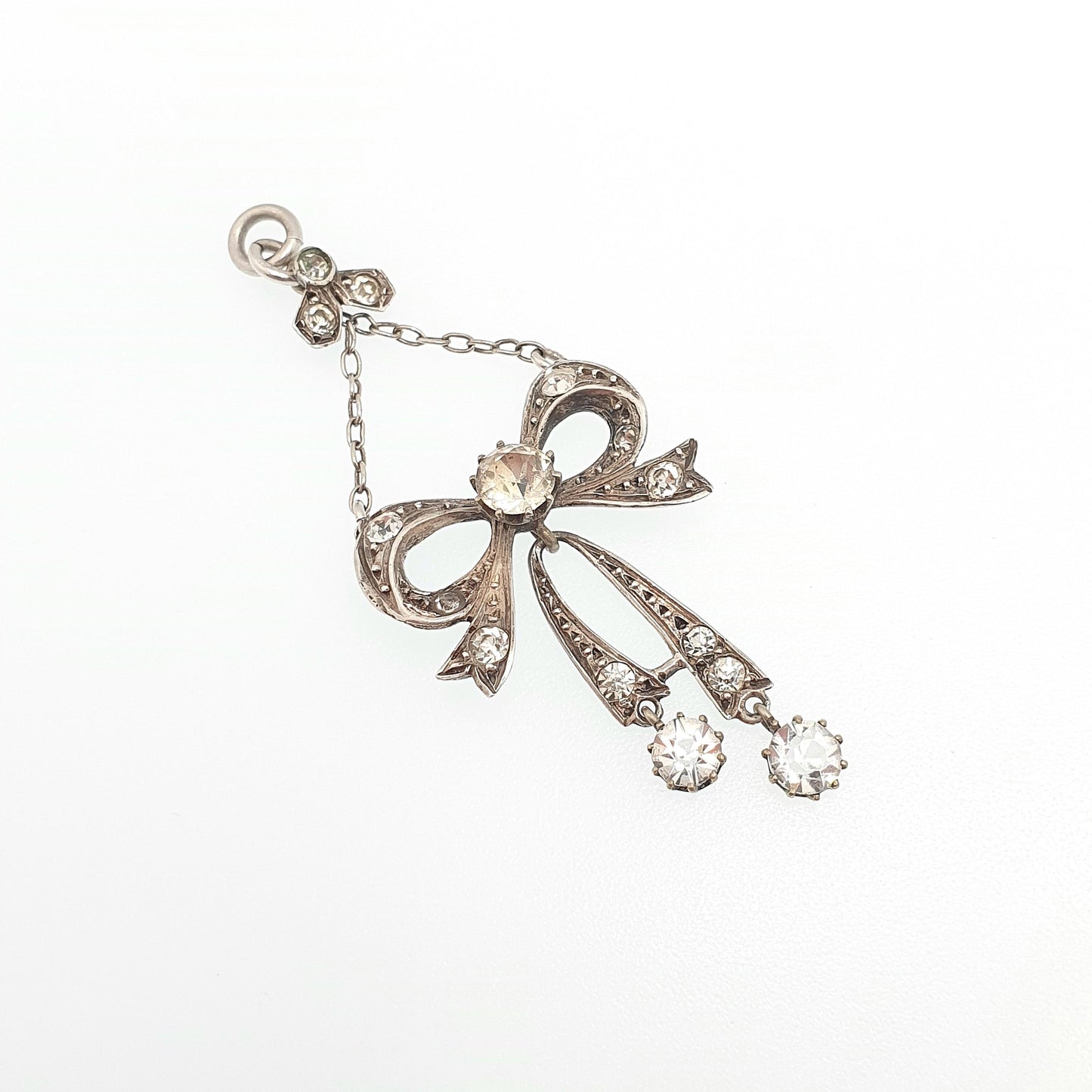 Antique Victorian Solid Silver Diamond Paste Bow Pendant Necklace Hanging 1800s Rare Fine Vintage Womens Jewellery Jewelry