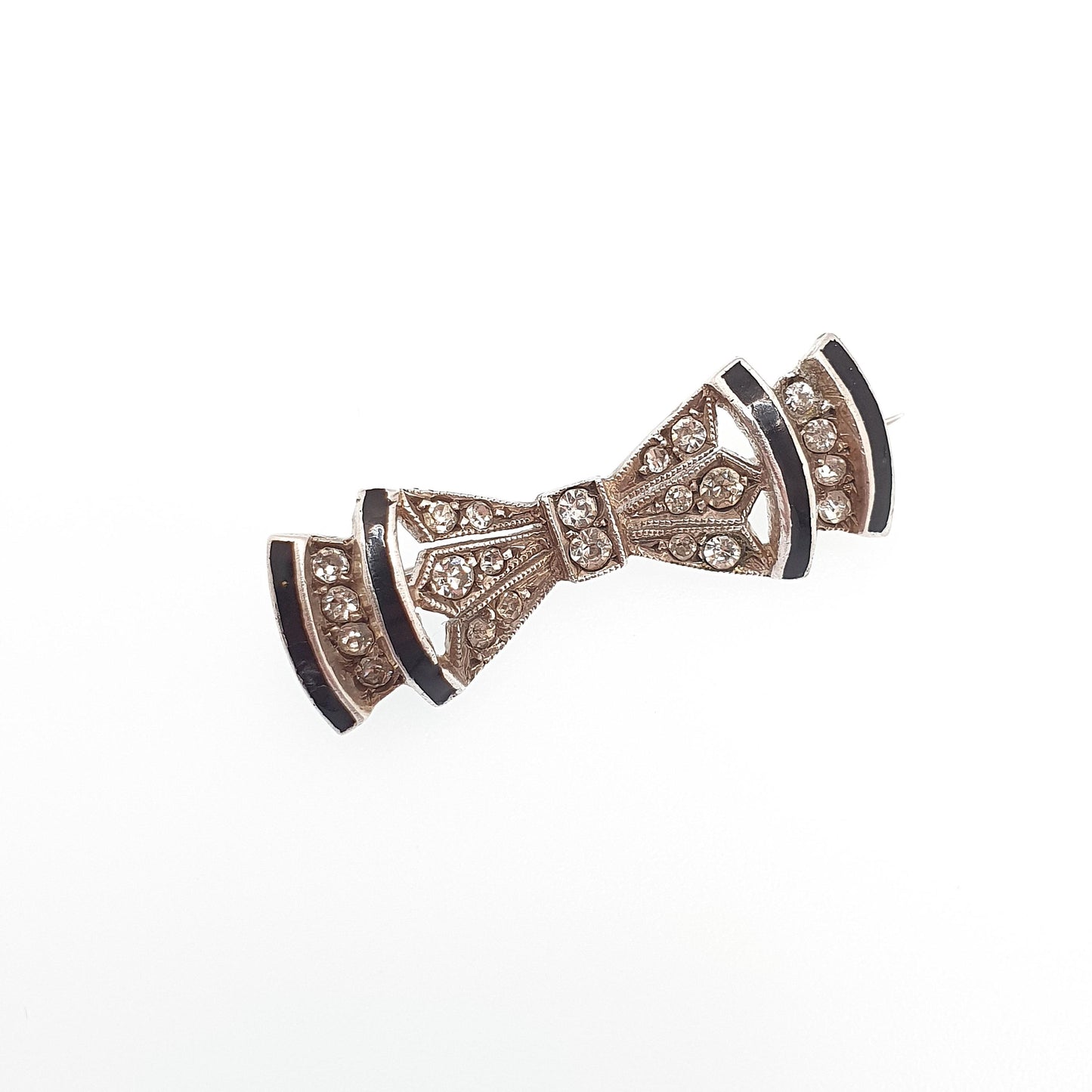 Antique Paste Solid Silver Bow Brooch Black Enamel Art Deco Ribbon Diamond Tone Tiny Small Jewelry Jewellery Vintage