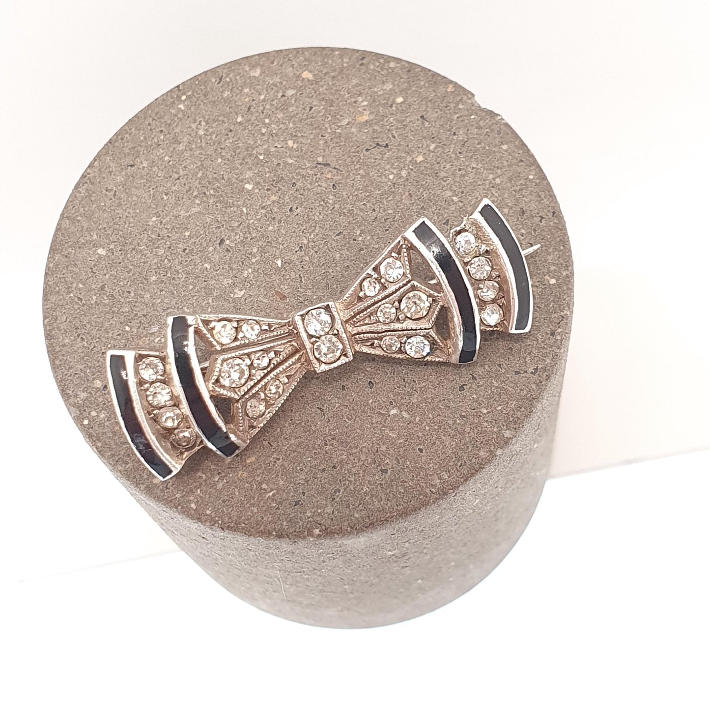Antique Paste Solid Silver Bow Brooch Black Enamel Art Deco Ribbon Diamond Tone Tiny Small Jewelry Jewellery Vintage