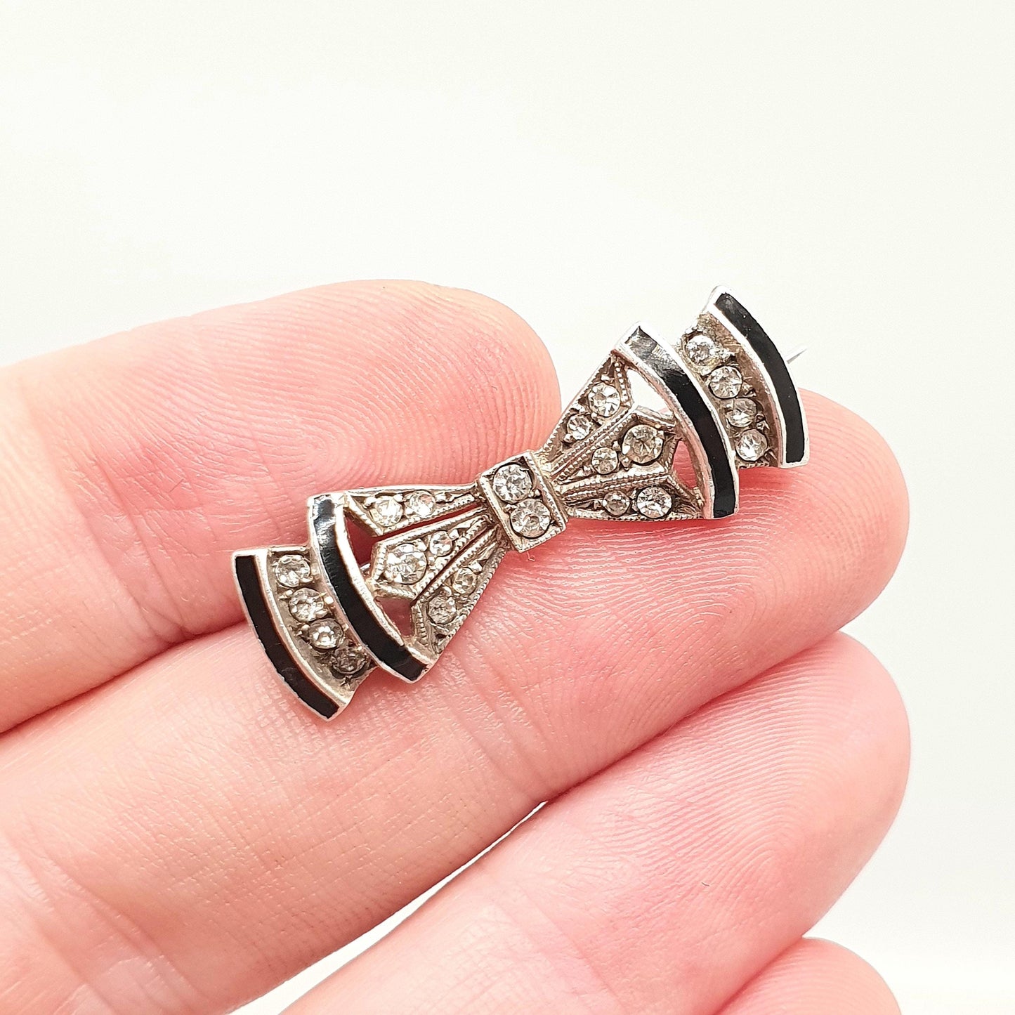 Antique Paste Solid Silver Bow Brooch Black Enamel Art Deco Ribbon Diamond Tone Tiny Small Jewelry Jewellery Vintage