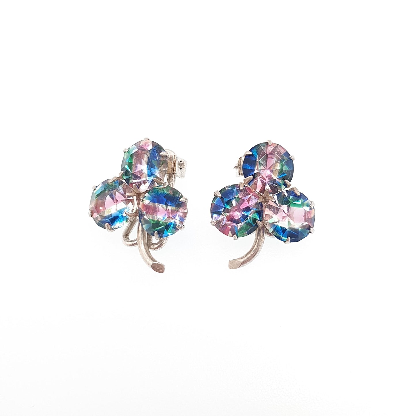 Antique Solid Silver Iris Glass Clover Earrings Rainbow Art Deco Clip On 1920s Tutti Frutti Lucky Vintage Womens Jewelry Jewellery