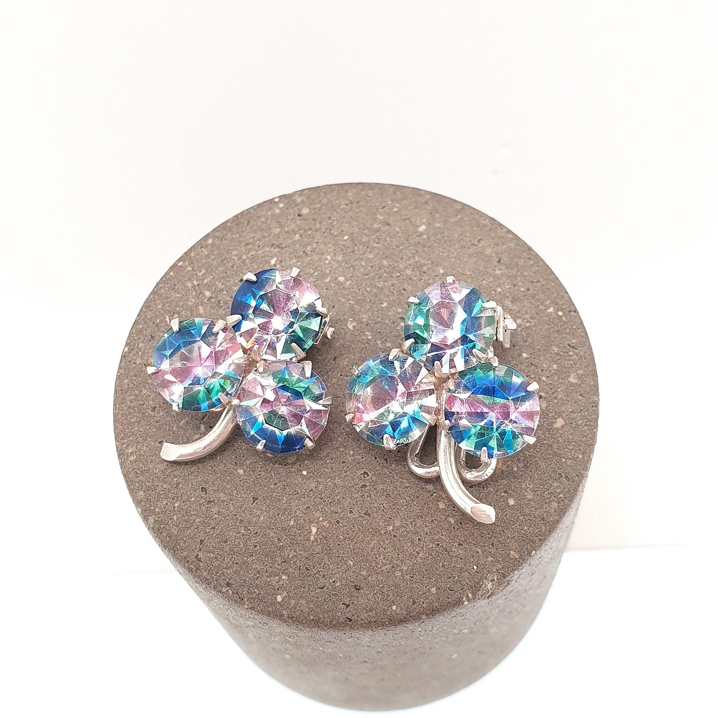 Antique Solid Silver Iris Glass Clover Earrings Rainbow Art Deco Clip On 1920s Tutti Frutti Lucky Vintage Womens Jewelry Jewellery