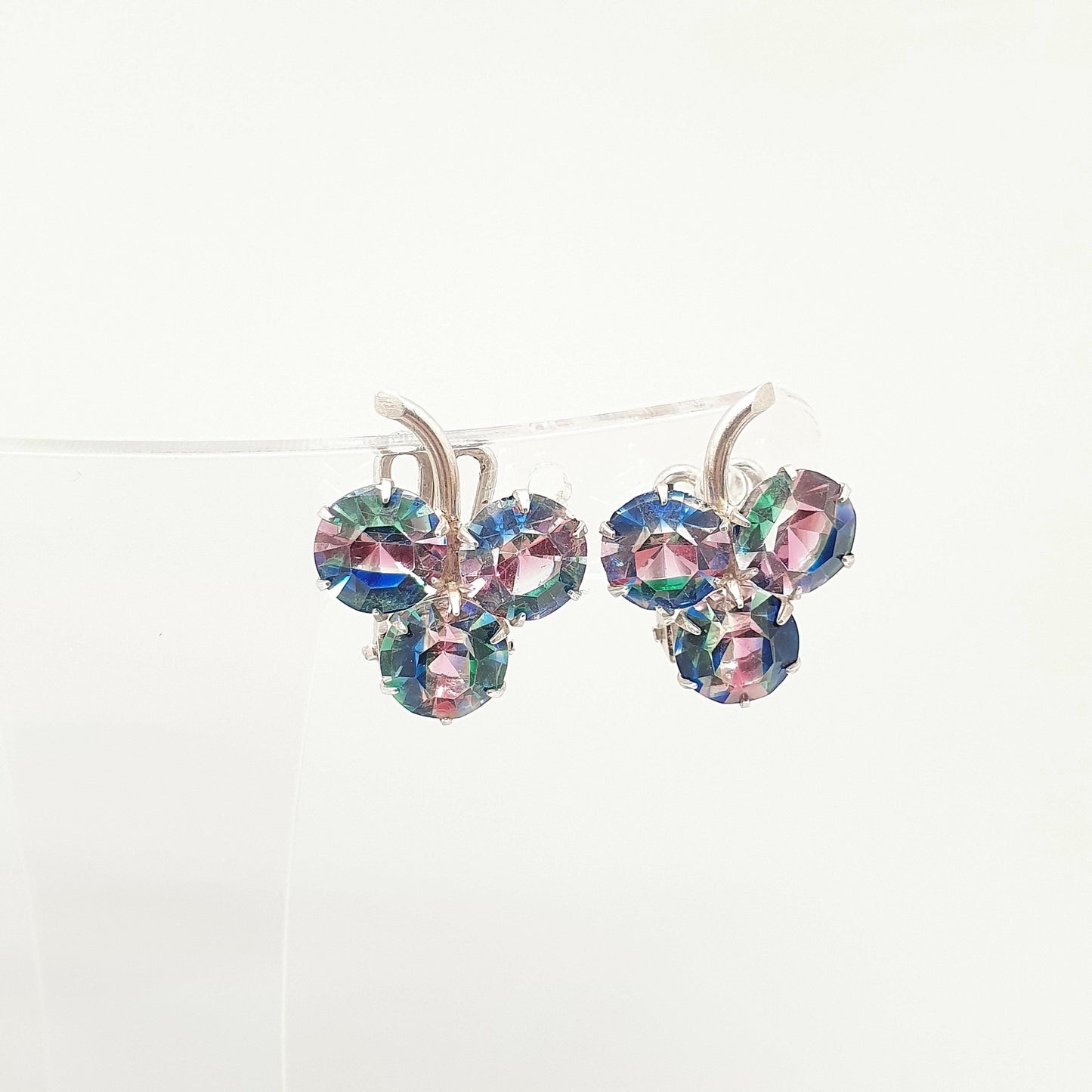 Antique Solid Silver Iris Glass Clover Earrings Rainbow Art Deco Clip On 1920s Tutti Frutti Lucky Vintage Womens Jewelry Jewellery