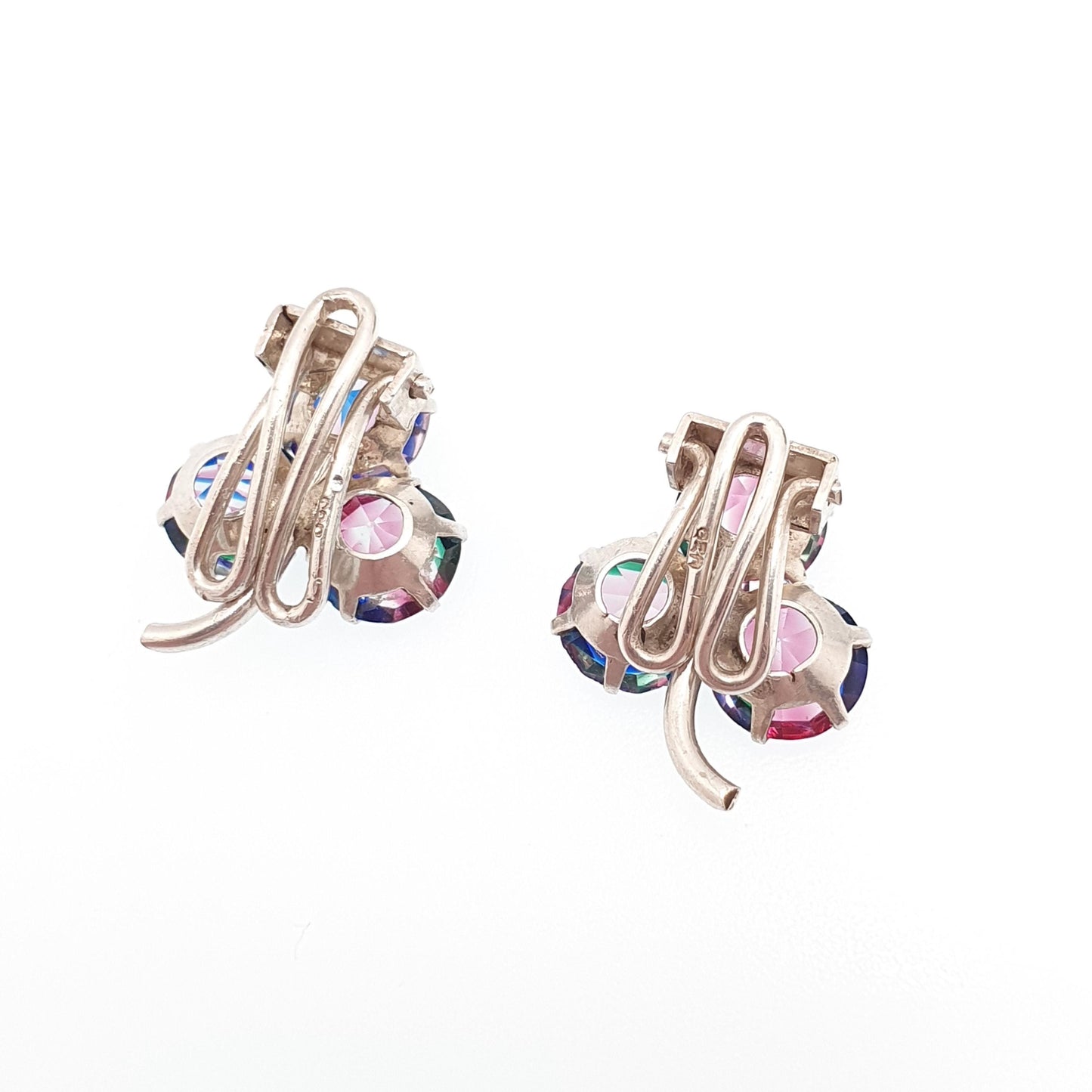Antique Solid Silver Iris Glass Clover Earrings Rainbow Art Deco Clip On 1920s Tutti Frutti Lucky Vintage Womens Jewelry Jewellery