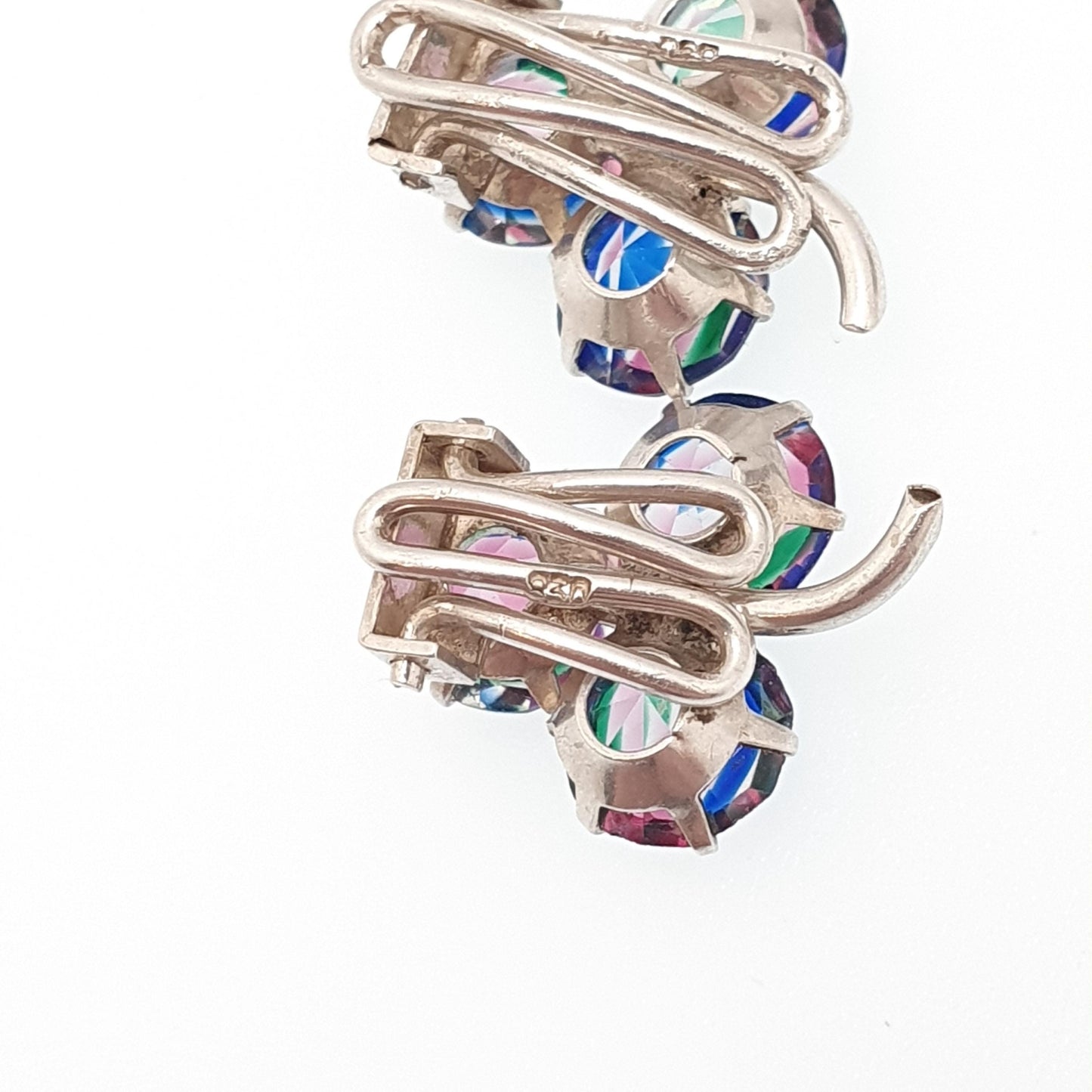 Antique Solid Silver Iris Glass Clover Earrings Rainbow Art Deco Clip On 1920s Tutti Frutti Lucky Vintage Womens Jewelry Jewellery