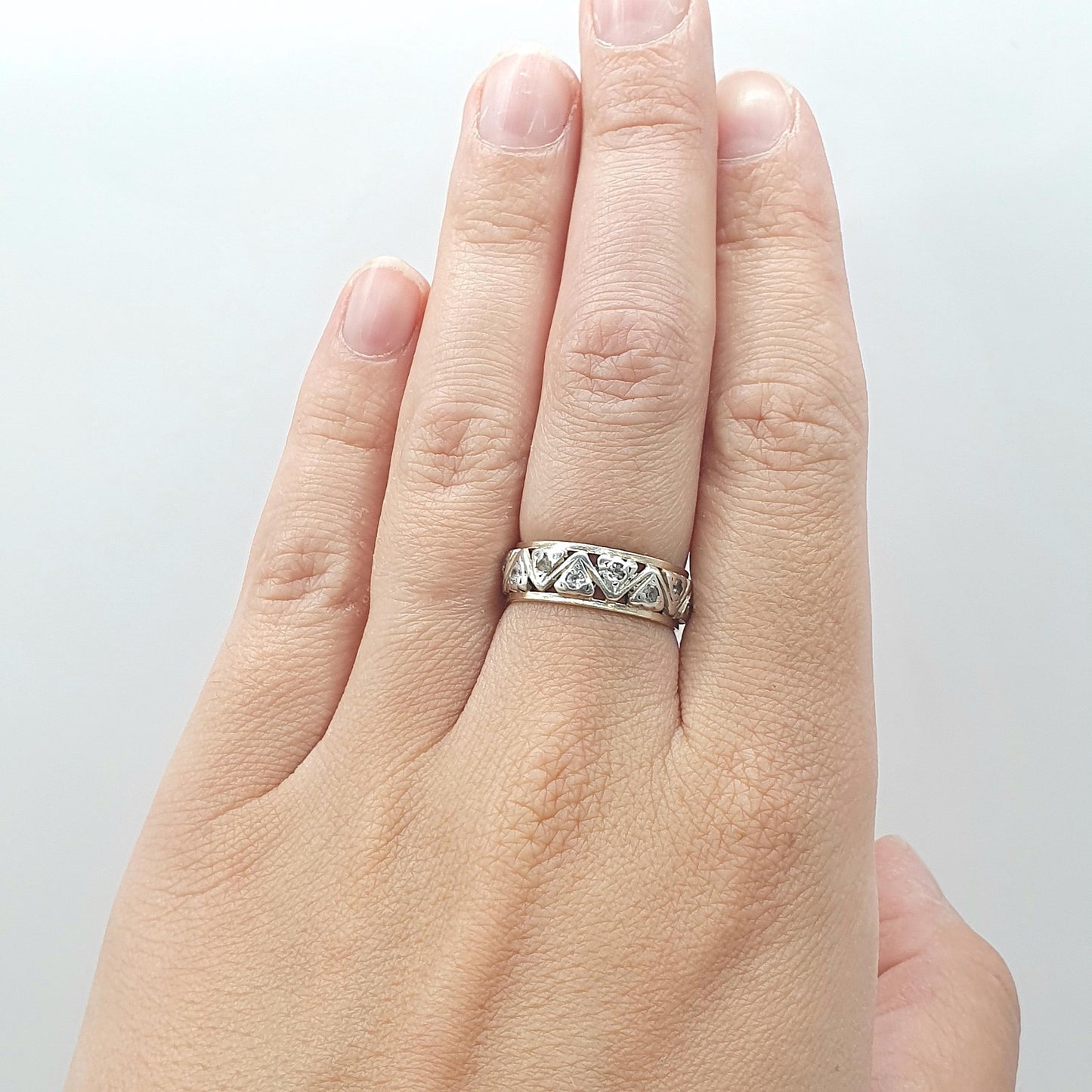 Antique 9ct Gold & Solid Silver Eternity Ring White Spinel Zig Zag Arrow Pattern Womens Jewelry Jewellery UK N US 6.75