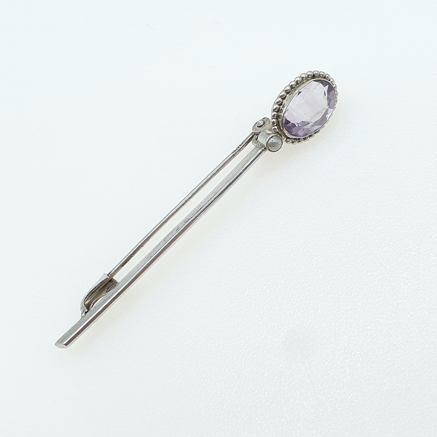 Antique Solid Silver Natural Amethyst & Seed Pearl Brooch Oval Cut Bar Pin Purple Quartz Gemstone Lilac Vintage