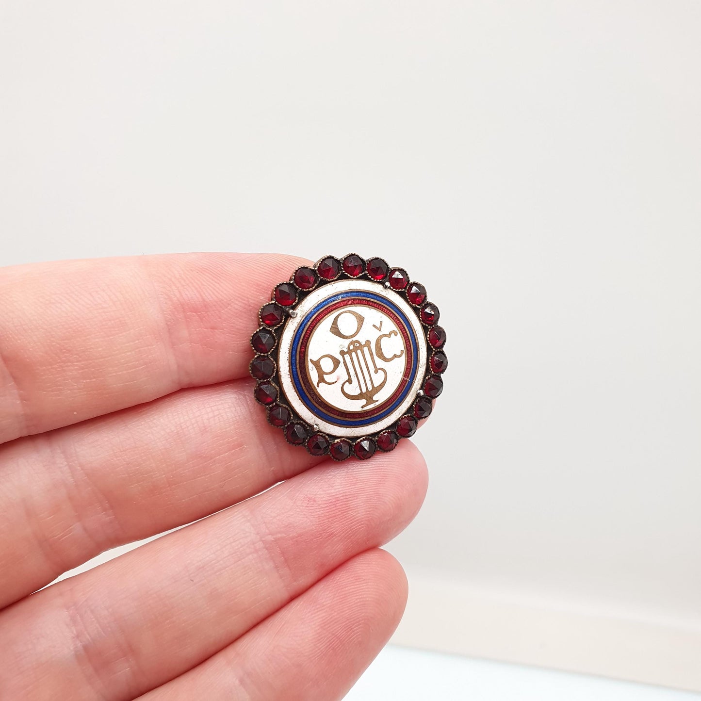 Antique Bohemian Garnet Brooch Czech Singing Community Enamel Pin Gold Tone Base Metal Vintage Womens Jewelry Jewellery