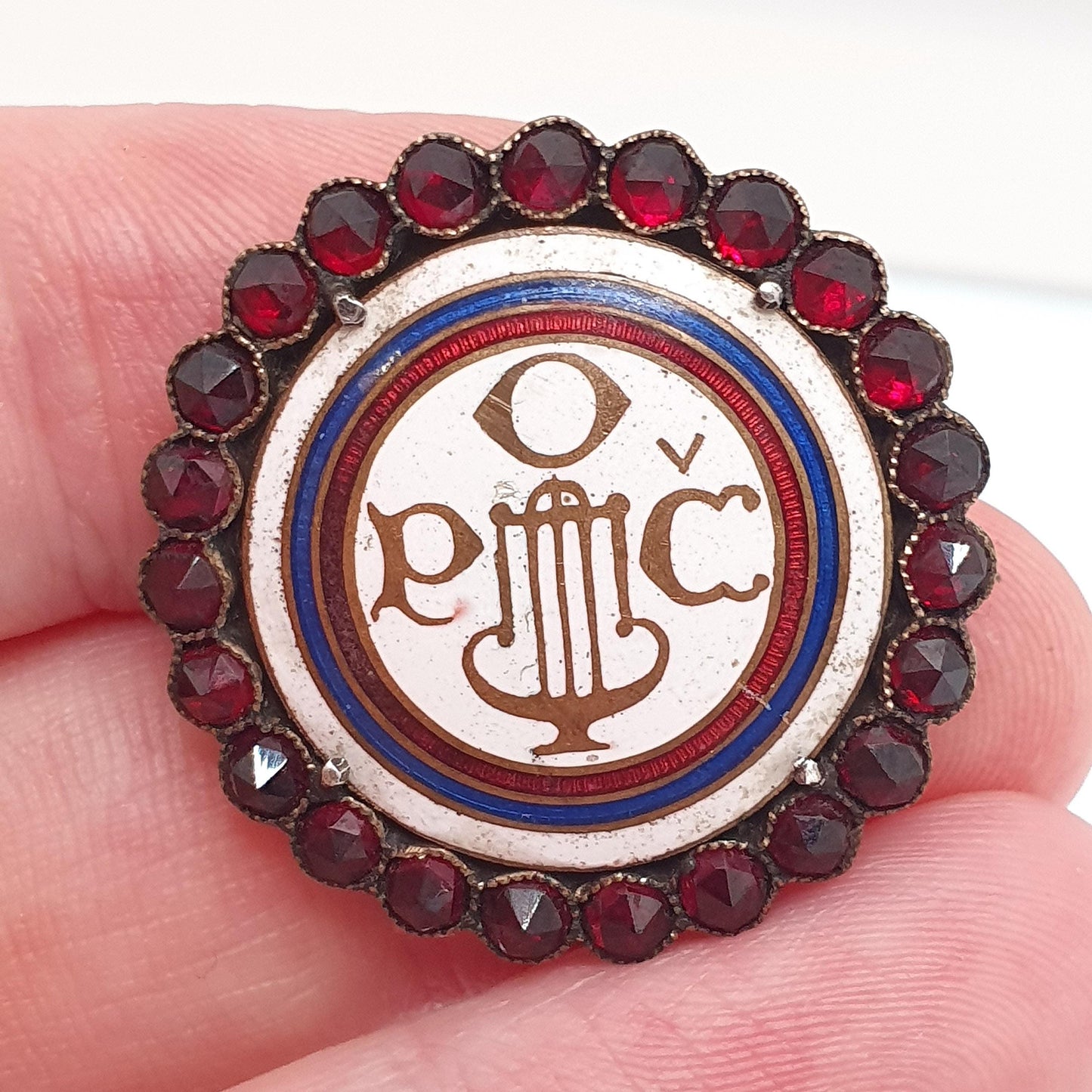 Antique Bohemian Garnet Brooch Czech Singing Community Enamel Pin Gold Tone Base Metal Vintage Womens Jewelry Jewellery
