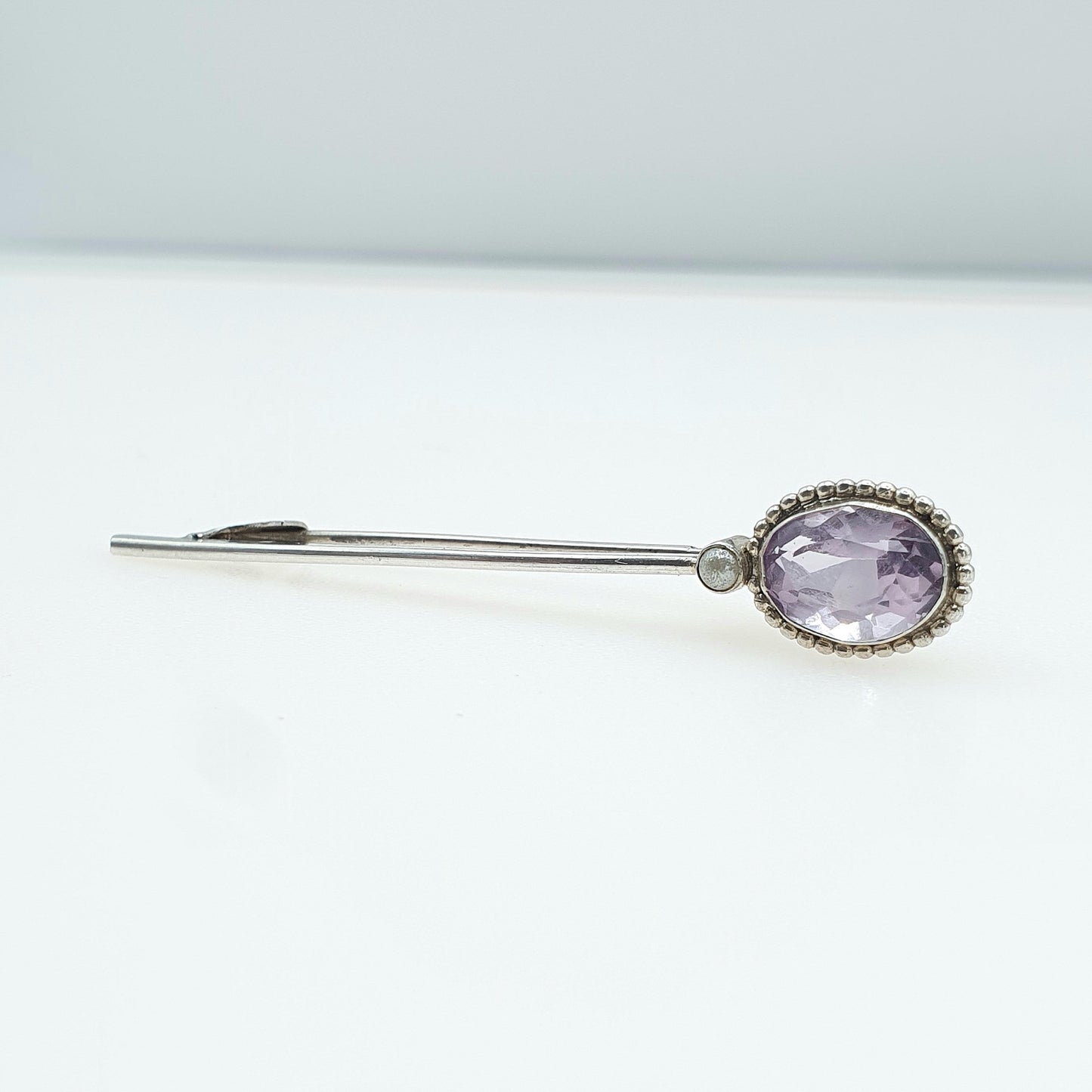 Antique Solid Silver Natural Amethyst & Seed Pearl Brooch Oval Cut Bar Pin Purple Quartz Gemstone Lilac Vintage