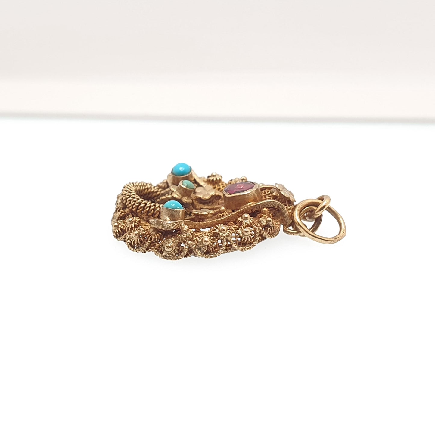 Antique Gold Vermeil Garnet & Turquoise Pendant Solid Silver Necklace Austro Hungarian Genuine Gemstone Filigree Vintage Jewelry Jewellery
