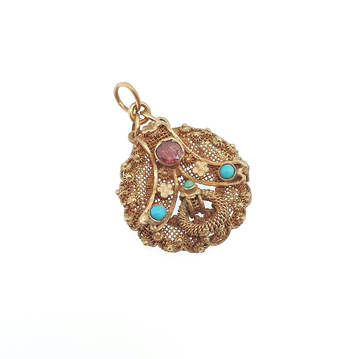 Antique Gold Vermeil Garnet & Turquoise Pendant Solid Silver Necklace Austro Hungarian Genuine Gemstone Filigree Vintage Jewelry Jewellery