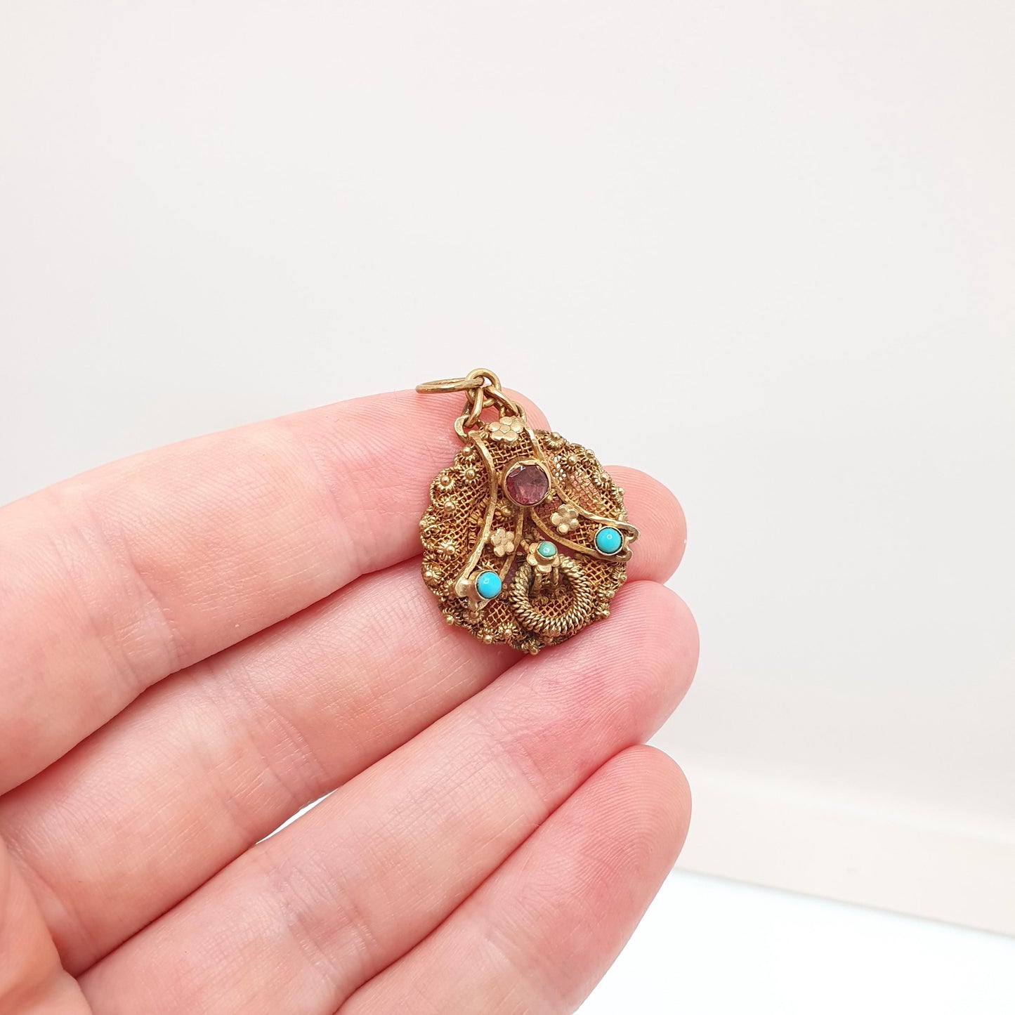 Antique Gold Vermeil Garnet & Turquoise Pendant Solid Silver Necklace Austro Hungarian Genuine Gemstone Filigree Vintage Jewelry Jewellery