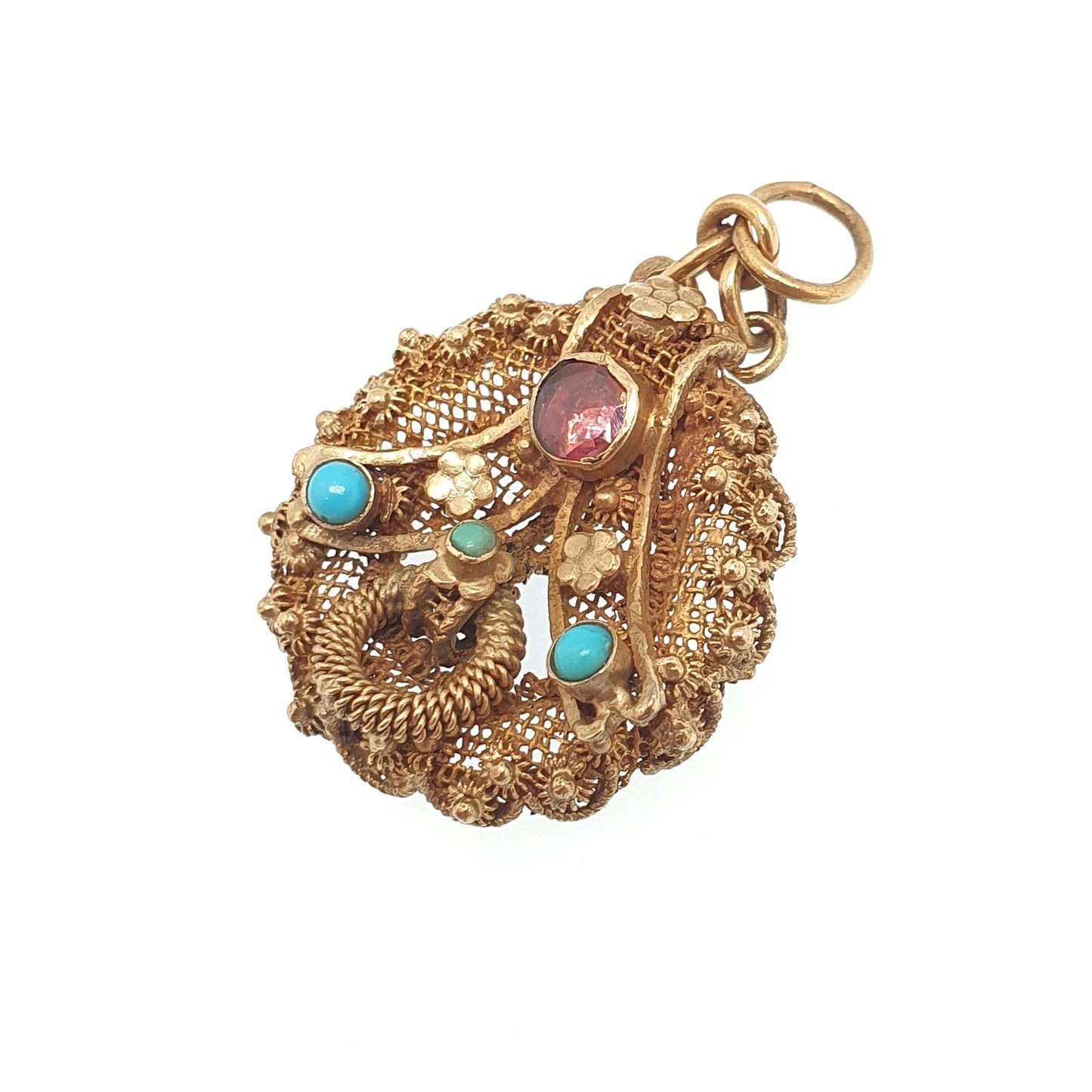Antique Gold Vermeil Garnet & Turquoise Pendant Solid Silver Necklace Austro Hungarian Genuine Gemstone Filigree Vintage Jewelry Jewellery