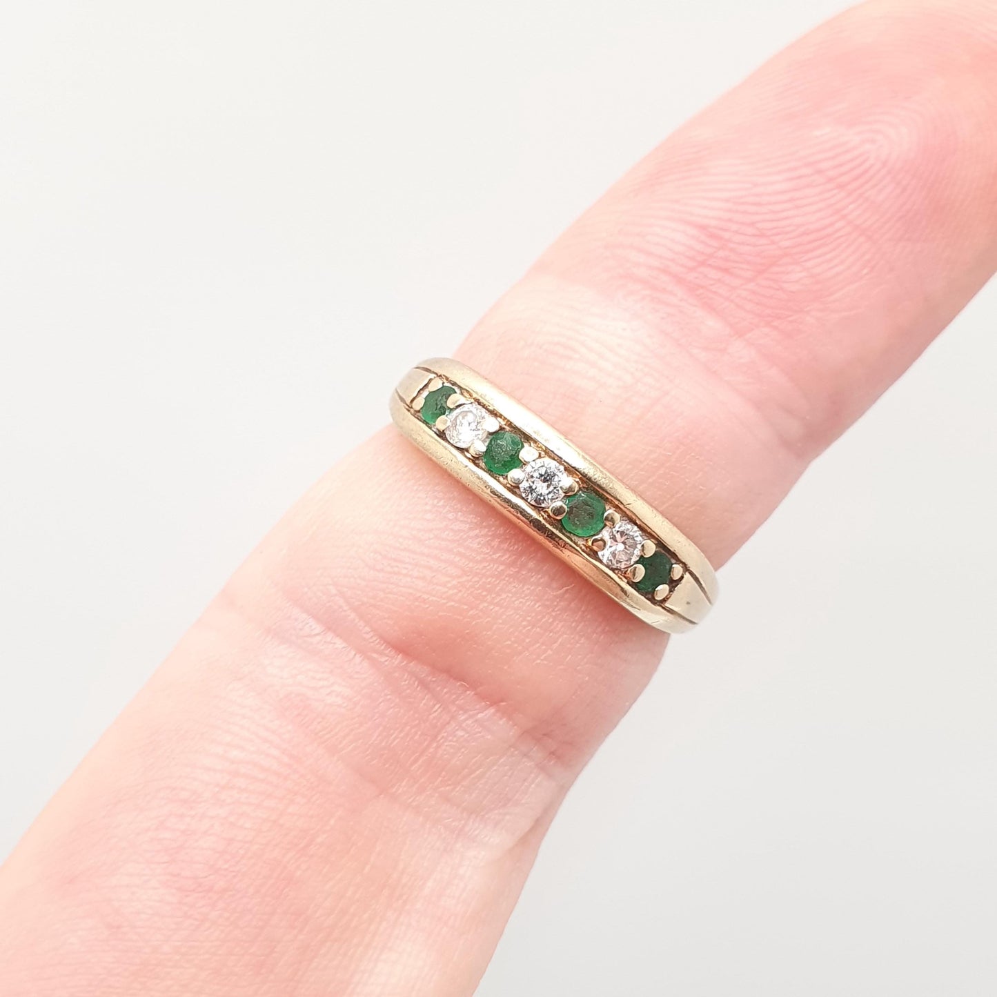 Vintage 9k Gold Emerald Diamond Ring Half Eternity Brilliant Cut Solid 9ct 9kt Natural Gemstone Jewelry Jewellery Womens