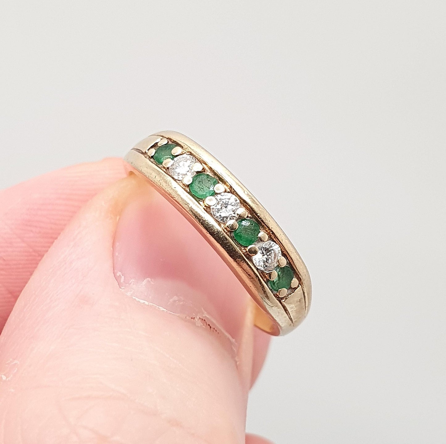 Vintage 9k Gold Emerald Diamond Ring Half Eternity Brilliant Cut Solid 9ct 9kt Natural Gemstone Jewelry Jewellery Womens