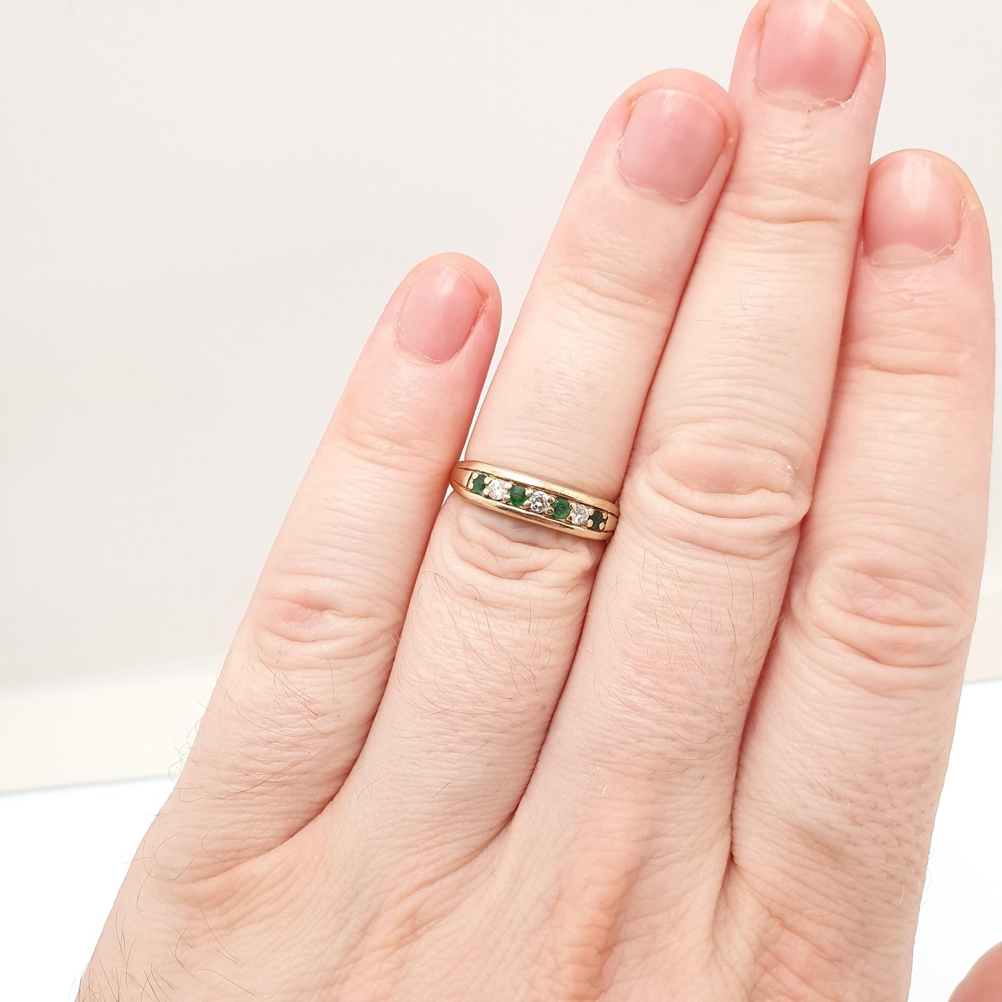 Vintage 9k Gold Emerald Diamond Ring Half Eternity Brilliant Cut Solid 9ct 9kt Natural Gemstone Jewelry Jewellery Womens
