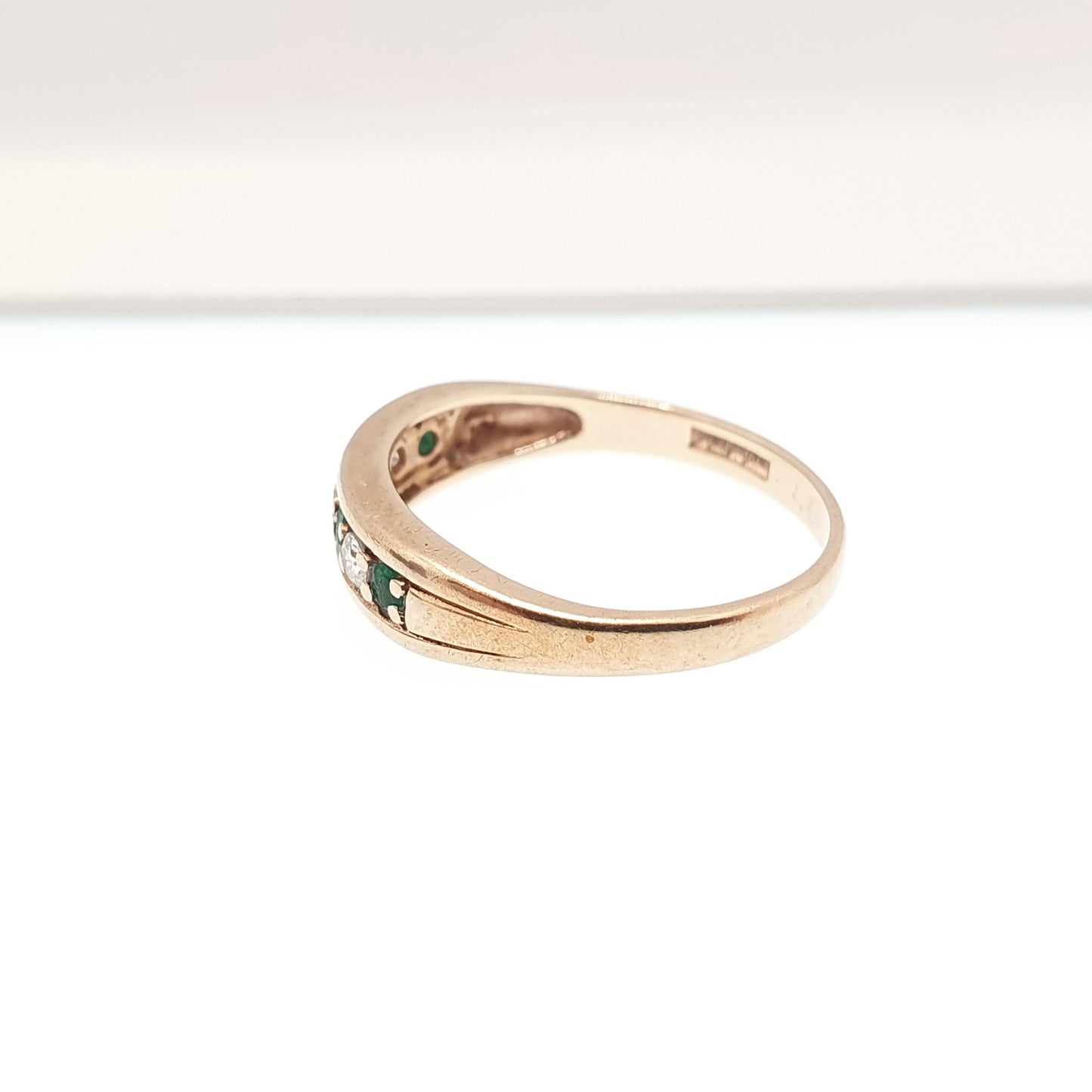 Vintage 9k Gold Emerald Diamond Ring Half Eternity Brilliant Cut Solid 9ct 9kt Natural Gemstone Jewelry Jewellery Womens
