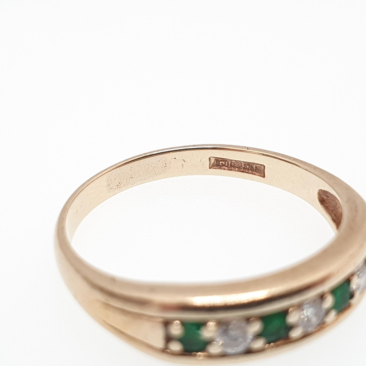 Vintage 9k Gold Emerald Diamond Ring Half Eternity Brilliant Cut Solid 9ct 9kt Natural Gemstone Jewelry Jewellery Womens