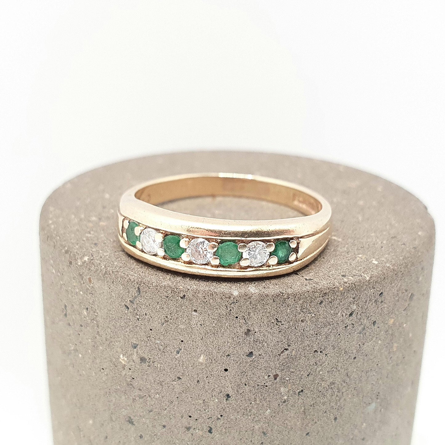 Vintage 9k Gold Emerald Diamond Ring Half Eternity Brilliant Cut Solid 9ct 9kt Natural Gemstone Jewelry Jewellery Womens