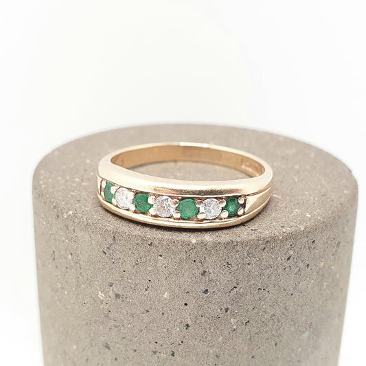 Vintage 9k Gold Emerald Diamond Ring Half Eternity Brilliant Cut Solid 9ct 9kt Natural Gemstone Jewelry Jewellery Womens
