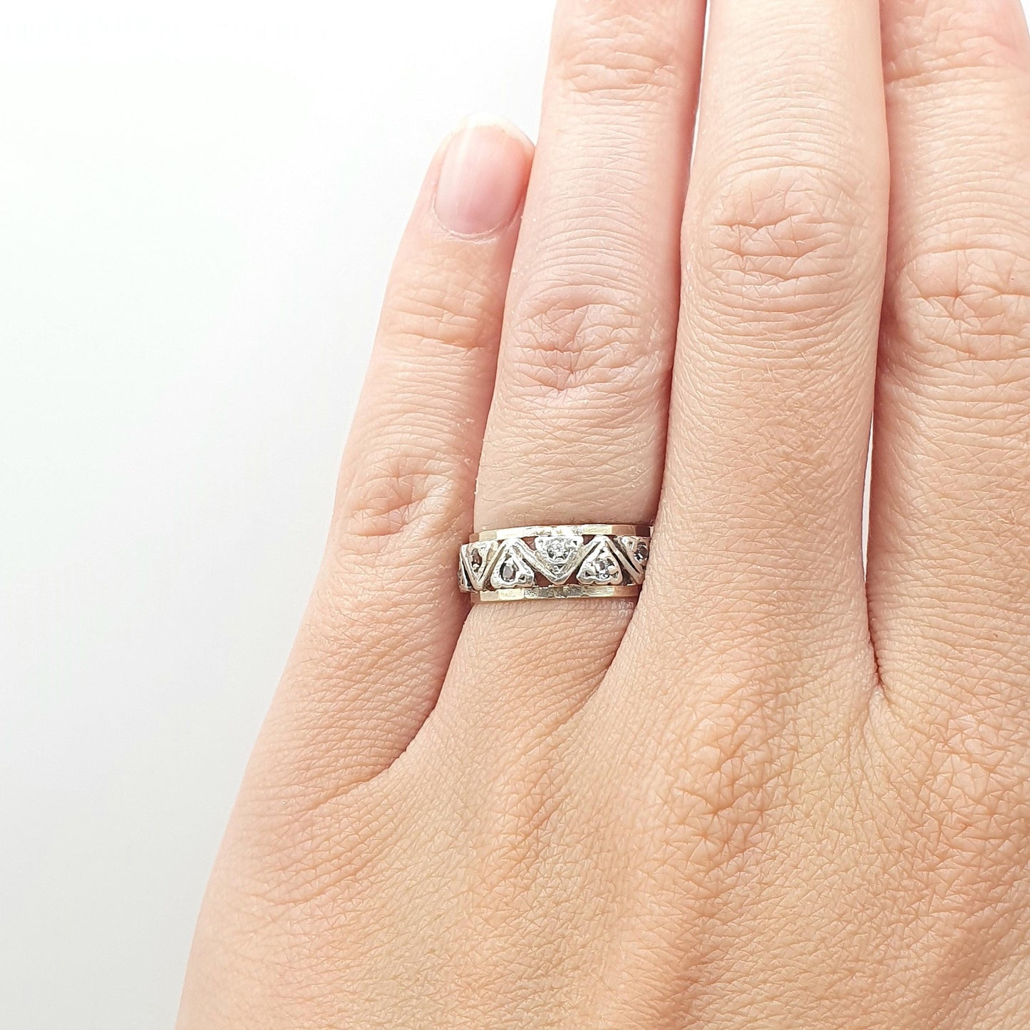 Antique 9ct Gold & Silver Eternity Ring White Spinel Triangle Pattern Art Deco Womens Jewelry Jewellery UK J US 4.75