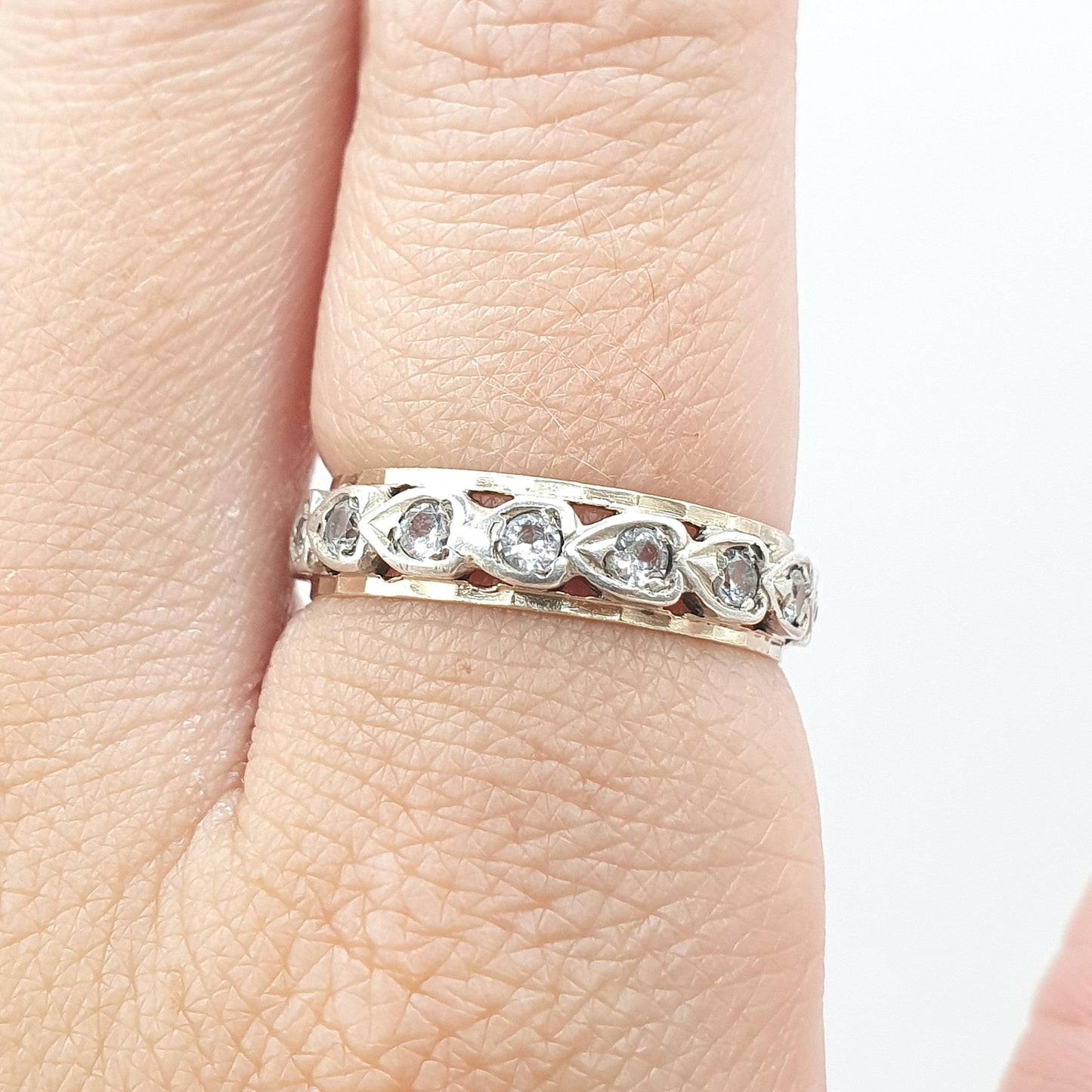 Antique 9ct Gold & Silver Eternity Ring White Spinel Heart Pattern Art Deco Love Gift Womens Jewelry Jewellery UK P.5 or US 8