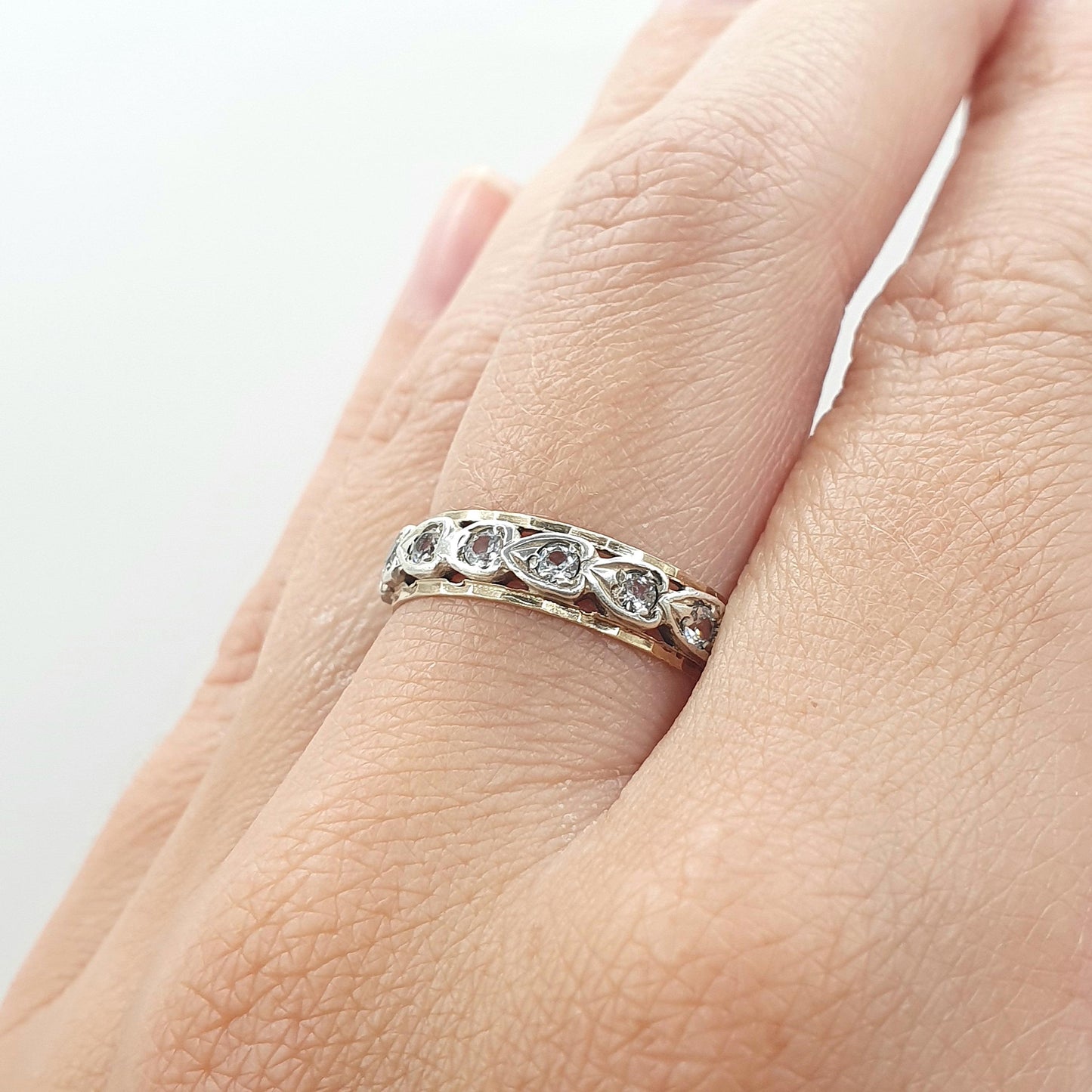 Antique 9ct Gold & Silver Eternity Ring White Spinel Heart Pattern Art Deco Love Gift Womens Jewelry Jewellery UK P.5 or US 8
