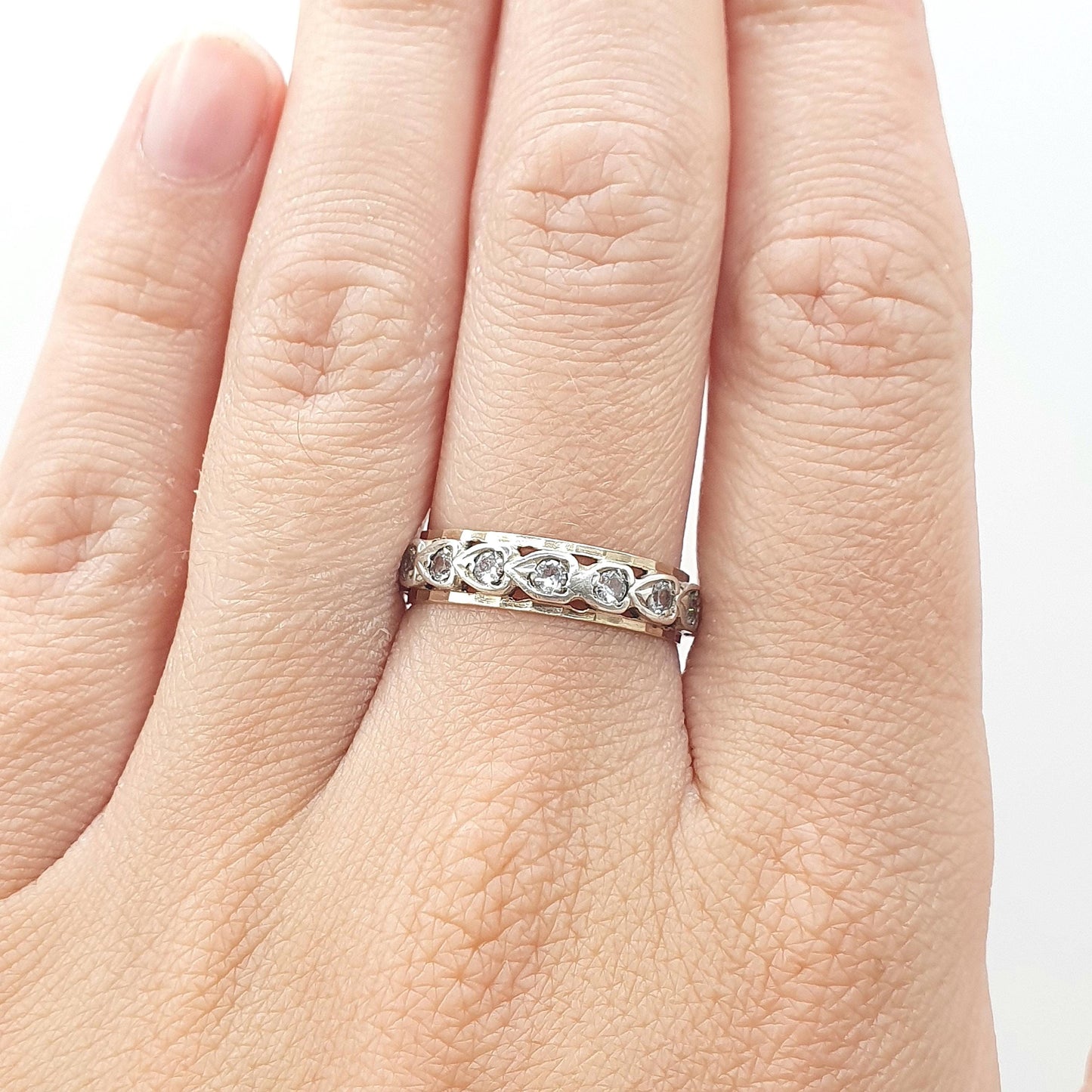 Antique 9ct Gold & Silver Eternity Ring White Spinel Heart Pattern Art Deco Love Gift Womens Jewelry Jewellery UK P.5 or US 8