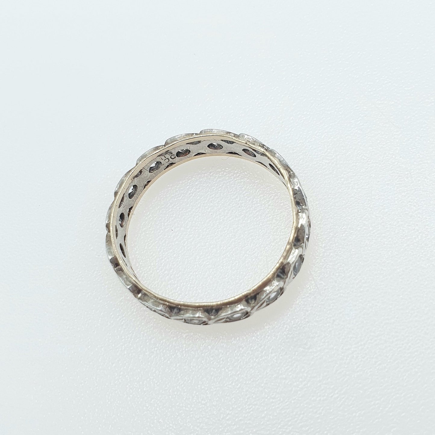 Antique 9ct Gold & Silver Eternity Ring White Spinel Heart Pattern Art Deco Love Gift Womens Jewelry Jewellery UK P.5 or US 8